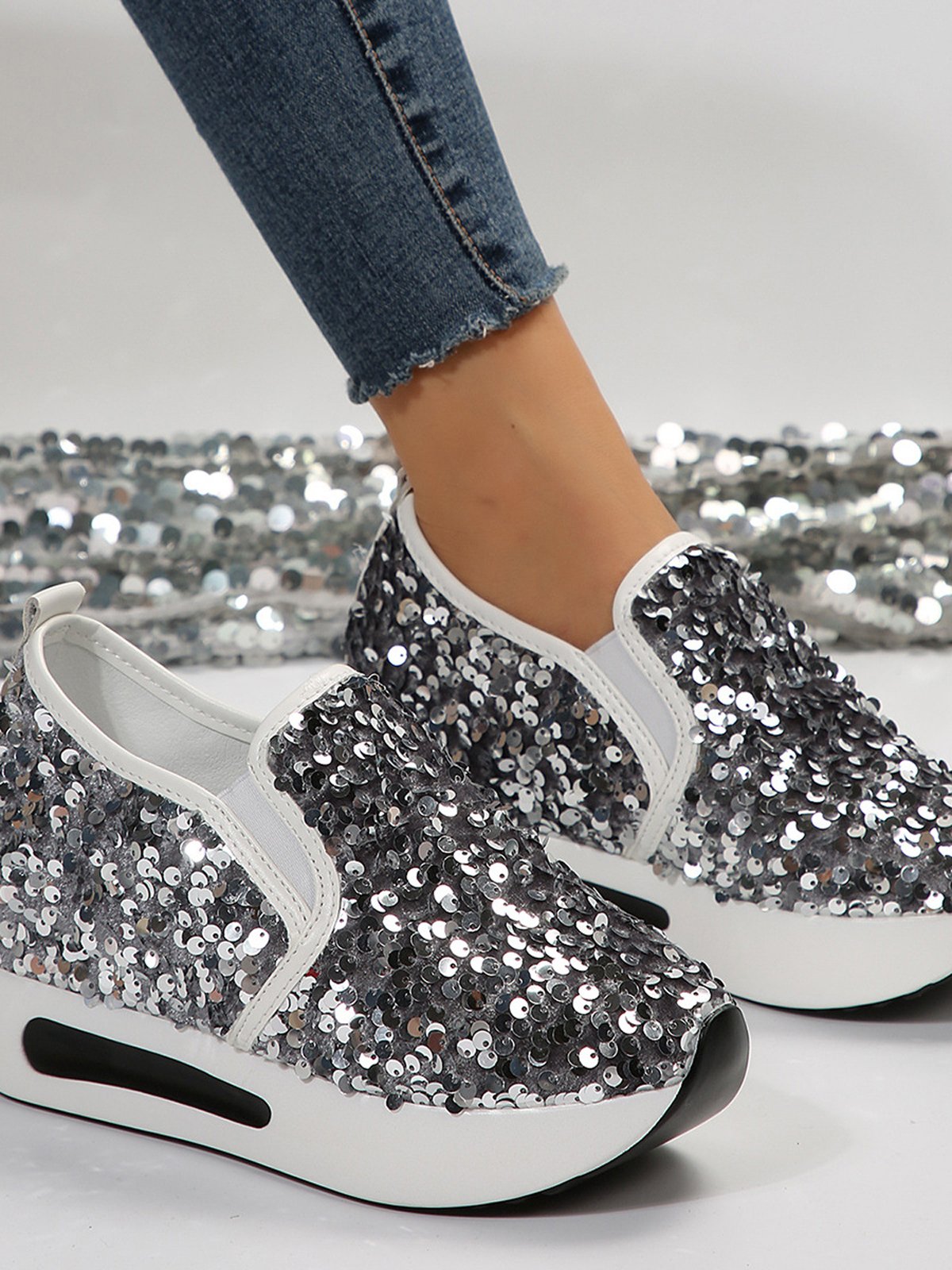 Chaussures Décontractées Femmes Décontracté Plain Toutes Les Saisons Brillant Polyester Quotidien Bout Rond Caoutchouc à Enfiler