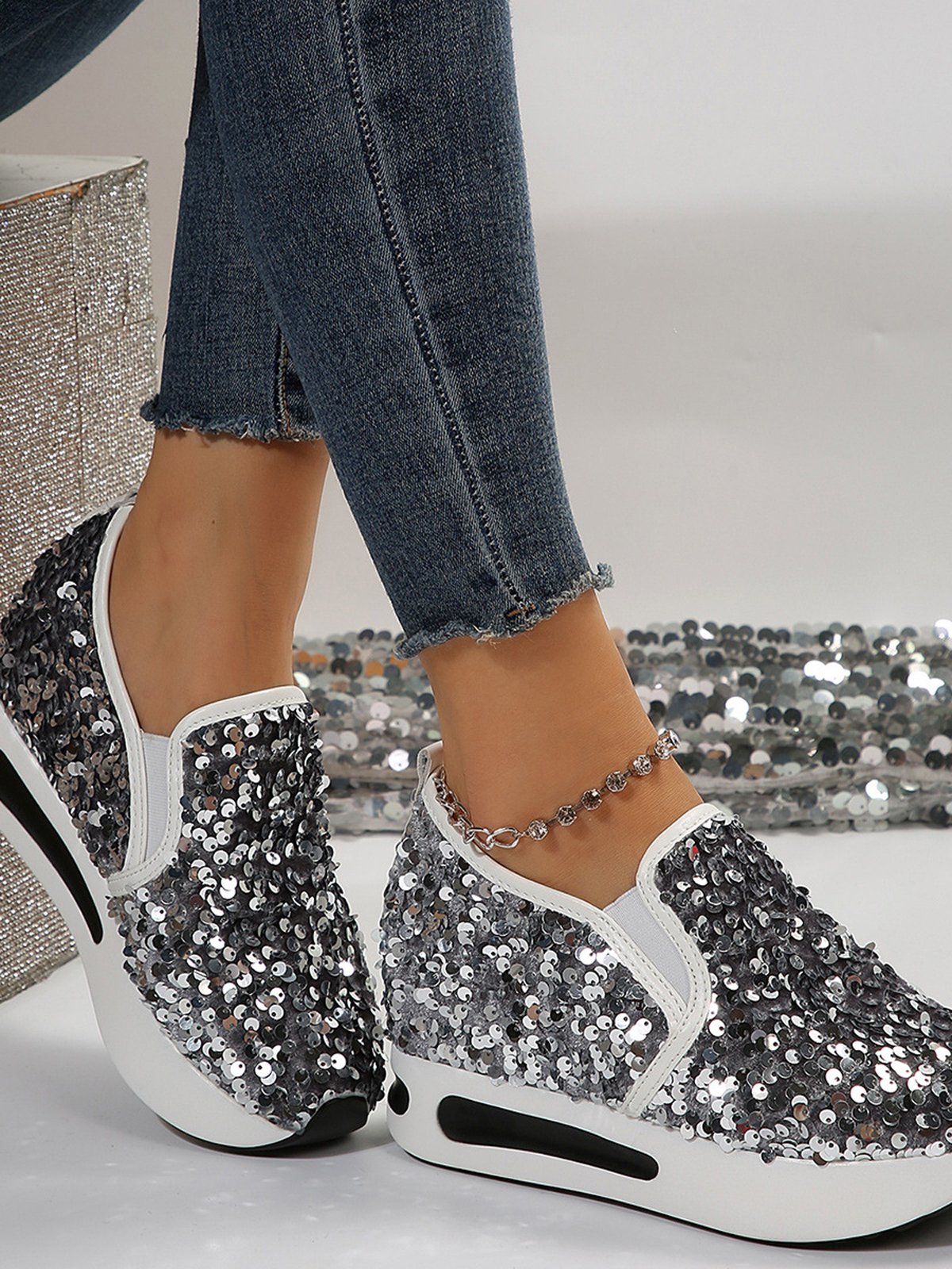Chaussures Décontractées Femmes Décontracté Plain Toutes Les Saisons Brillant Polyester Quotidien Bout Rond Caoutchouc à Enfiler
