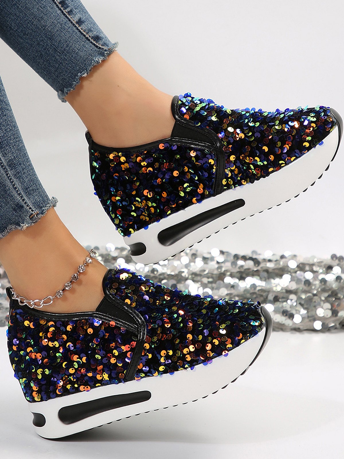 Chaussures Décontractées Femmes Décontracté Plain Toutes Les Saisons Brillant Polyester Quotidien Bout Rond Caoutchouc à Enfiler