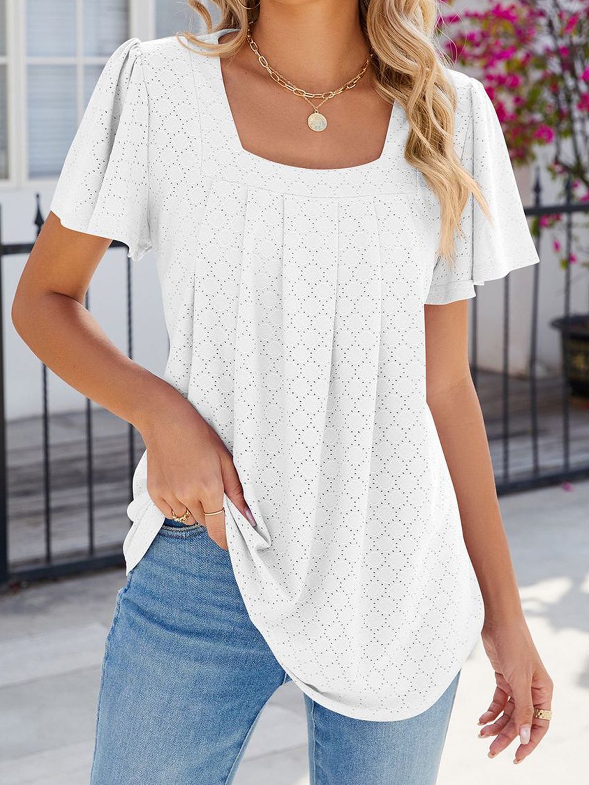 Chemises Femmes Décontracté Plain Été Polyester Col Carré Micro-élasticité Quotidien Ample Manches Courtes