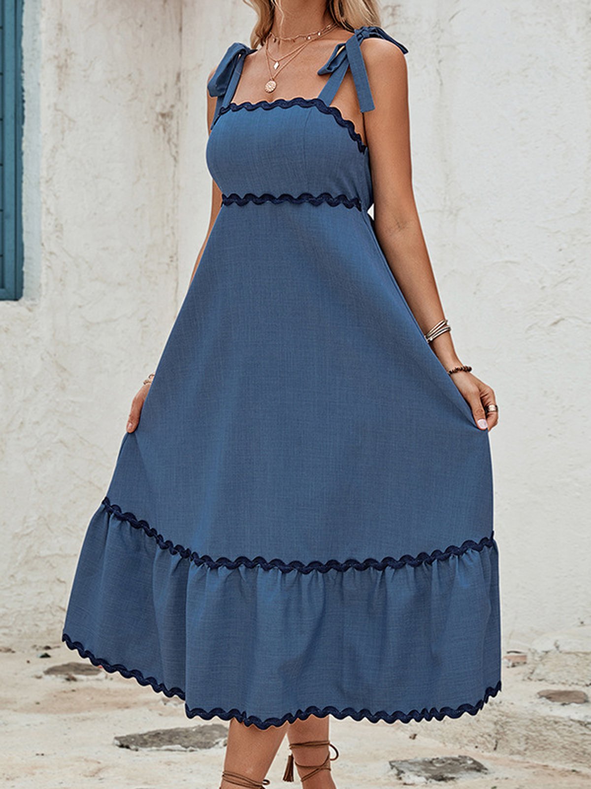 Femmes Bloc de Couleur Bleu à Bretelles Confortable Robe Mi-Longue Décontracté