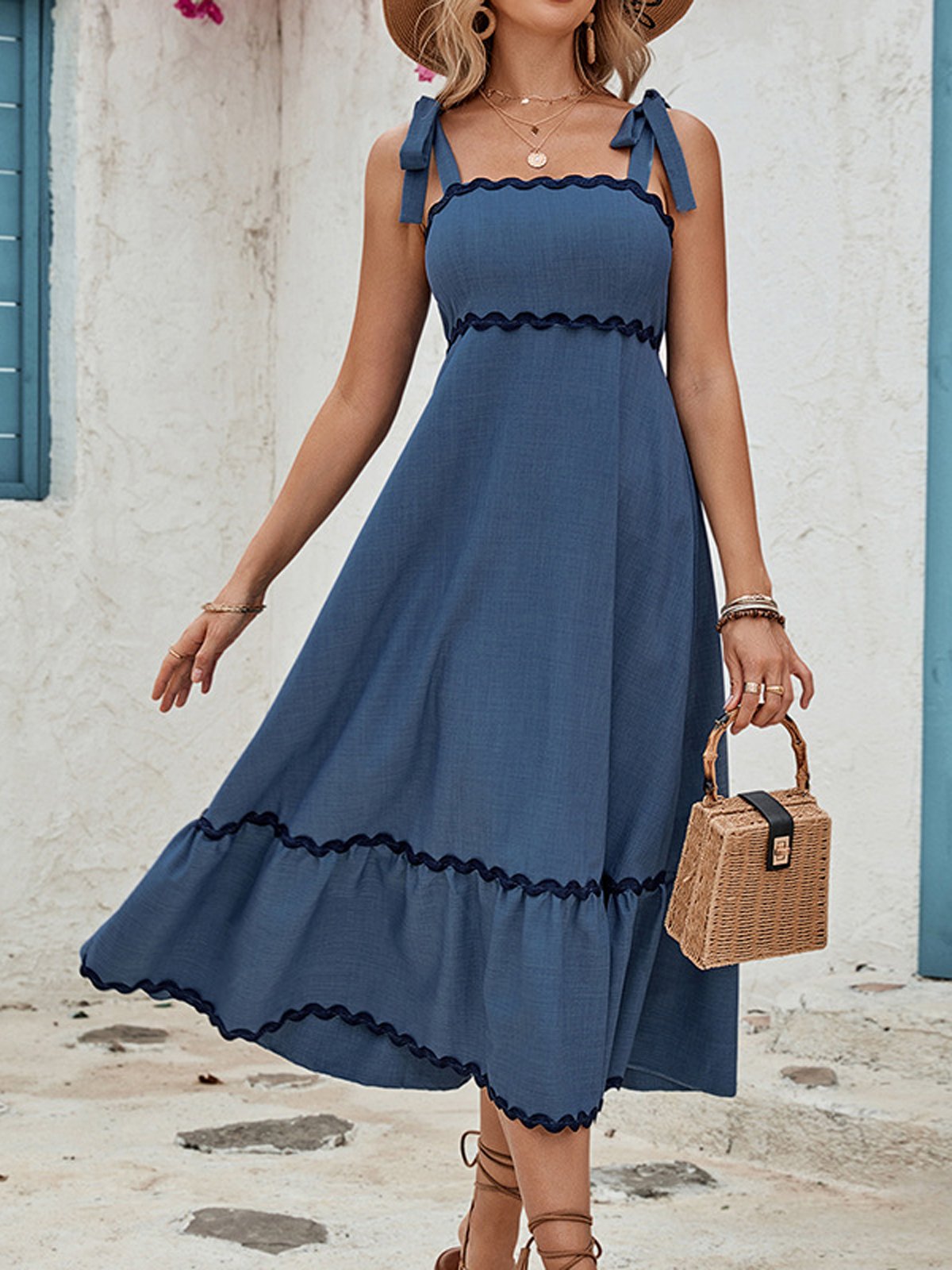 Femmes Bloc de Couleur Bleu à Bretelles Confortable Robe Mi-Longue Décontracté
