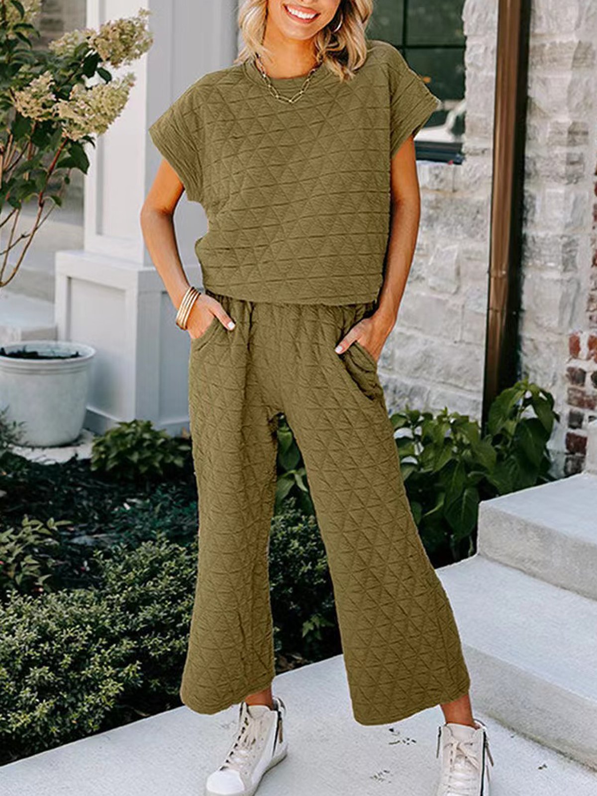 Deux Pièces Ensembles Femmes Décontracté Plain Été Polyester Aucune élasticité Quotidien Ample Top Avec Pantalons Droit