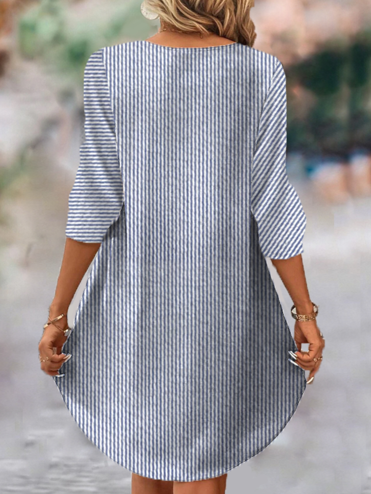 Femmes Rayé Bleu Col V Confortable Court Robe Décontracté