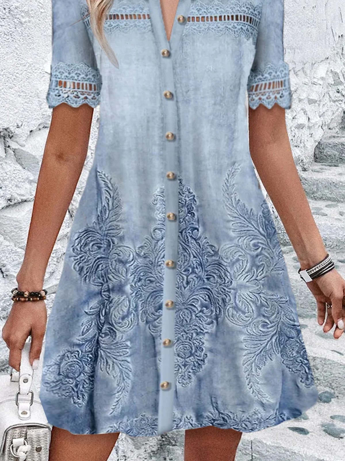 Femmes Ethnique Bleu Col de Chemise Confortable Dentelle Court Robe Décontracté