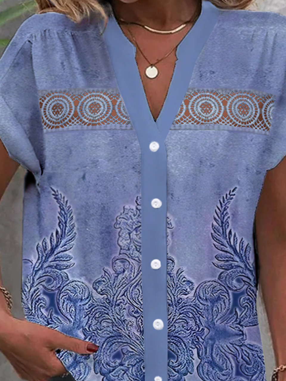 Blouses Décontracté Été Ethnique Motifs Viscose Dentelle Manches Courtes Régulier Droit Régulier pour Femmes