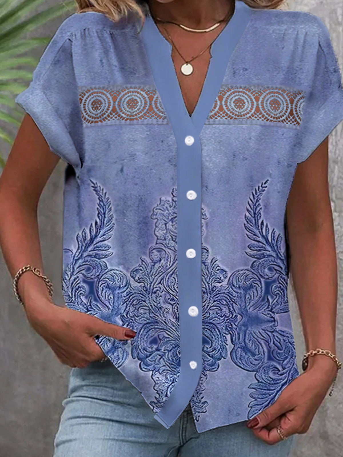 Blouses Décontracté Été Ethnique Motifs Viscose Dentelle Manches Courtes Régulier Droit Régulier pour Femmes