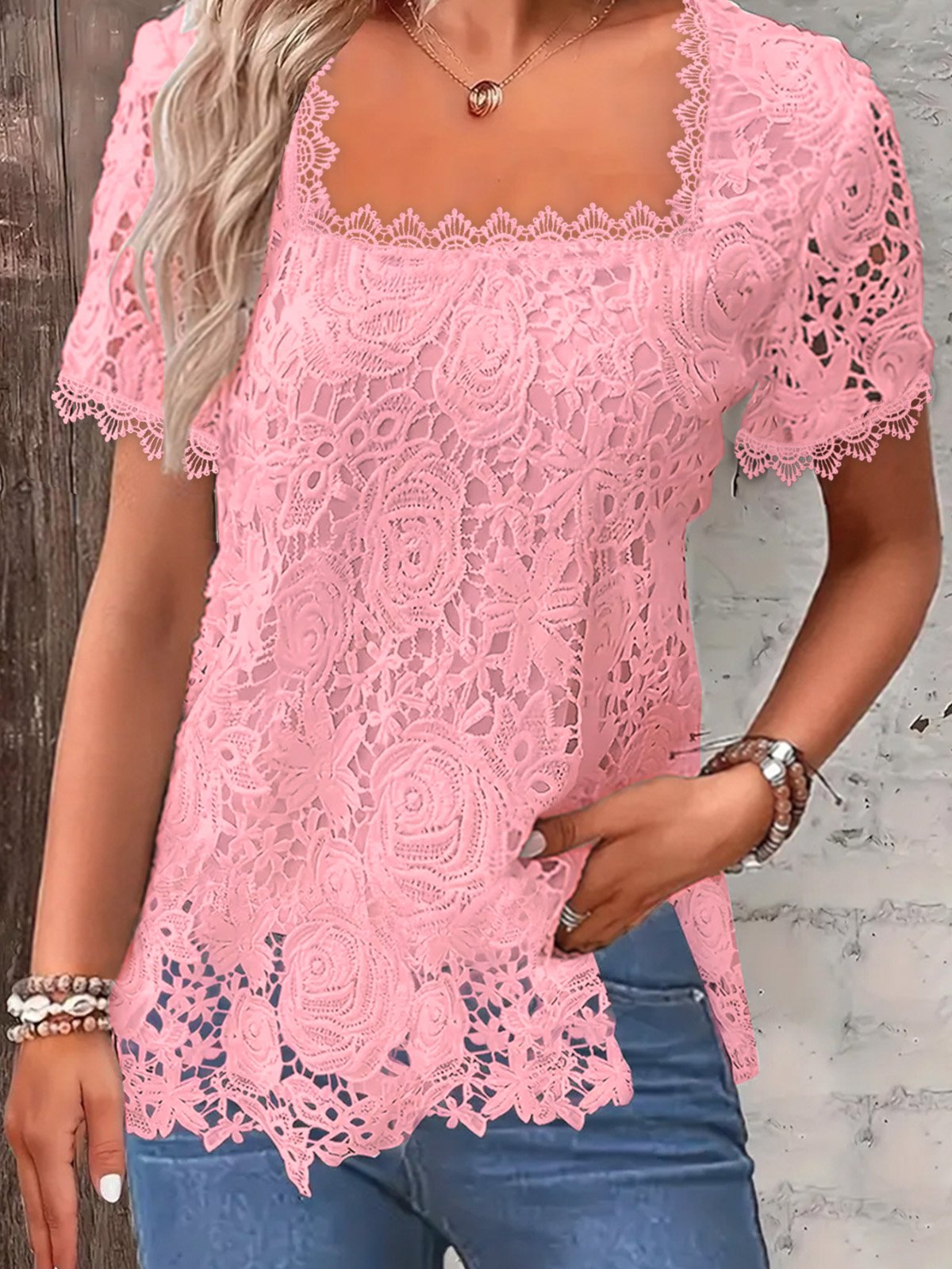 T-shirts Femmes Décontracté Plain Été Polyester Col Carré Quotidien Ample Manches Courtes Droit
