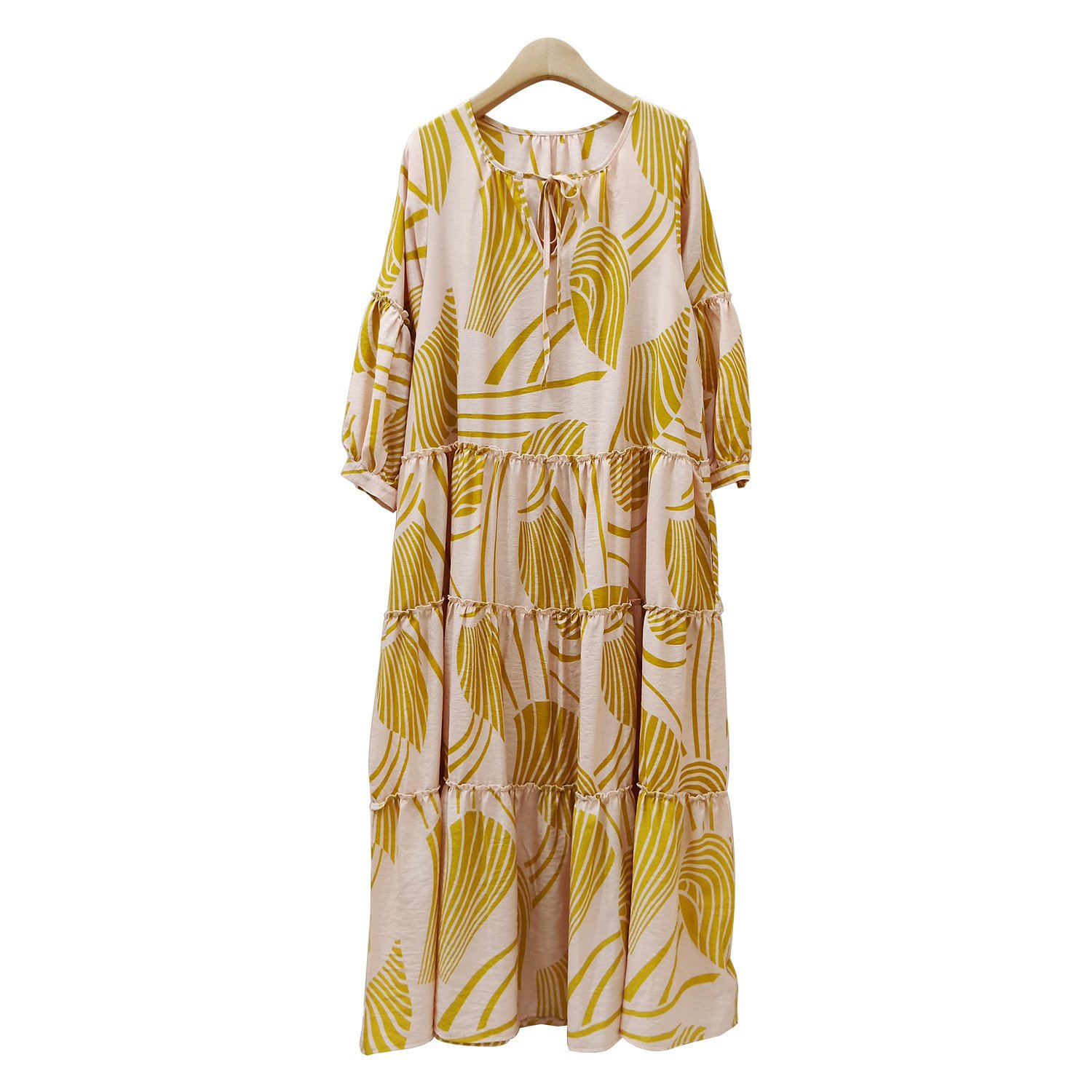 Femmes Ethnique Jaune Col Rond Confortable Robe Maxi Décontracté