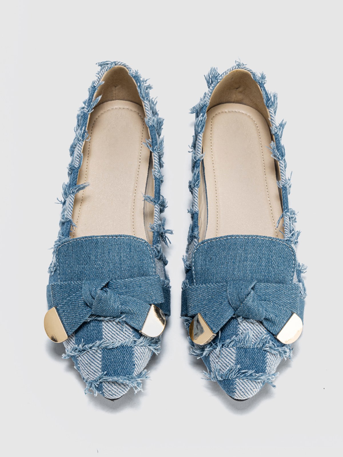 Chaussures à Tige Basse Femmes Toutes Les Saisons Plaid Urbain Nœud Quotidien à Talon Plat à Bout Pointu Toile de Jean Caoutchouc