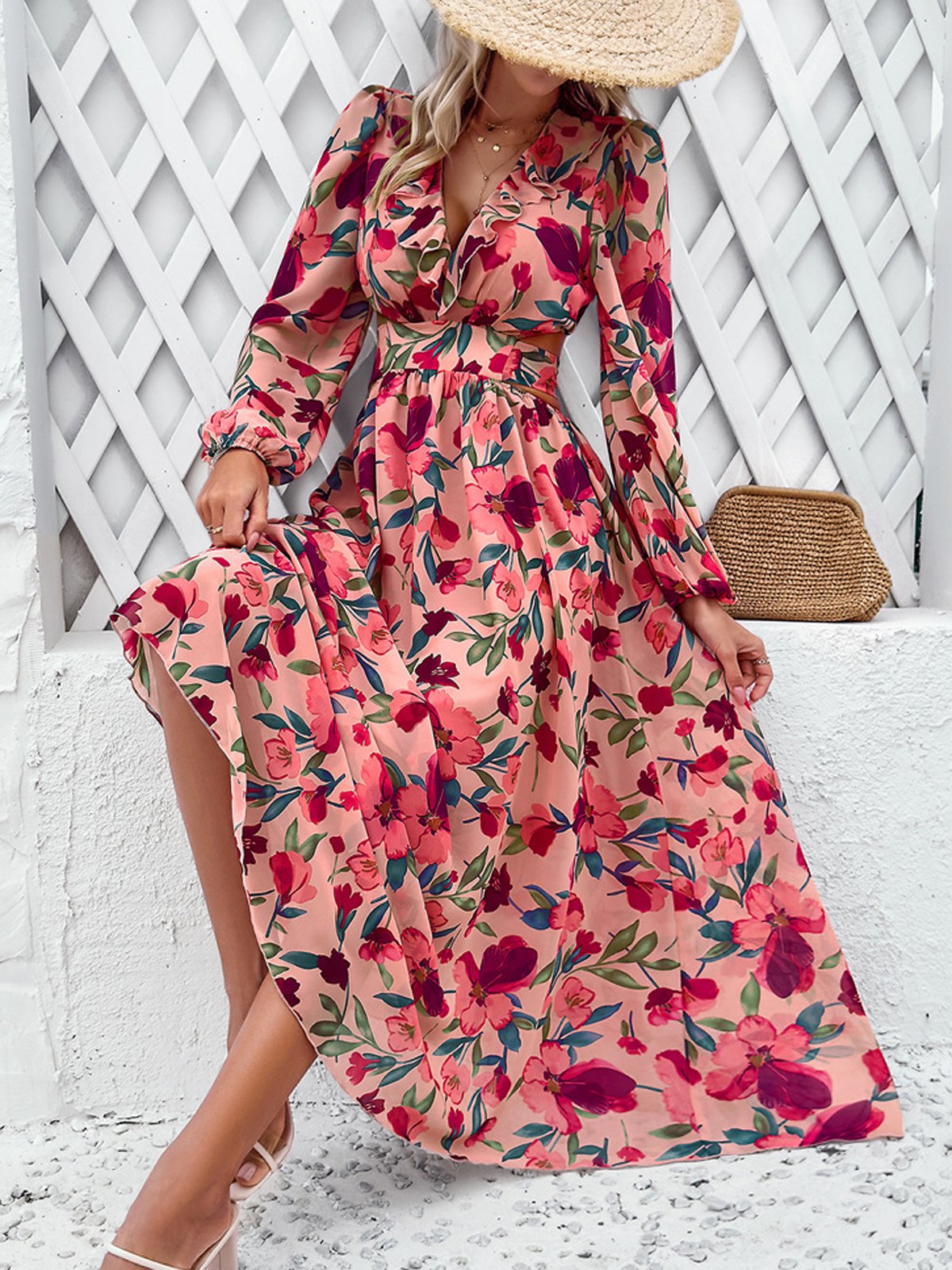 Femmes Floral Rose Col V Confortable Robe Maxi Boho