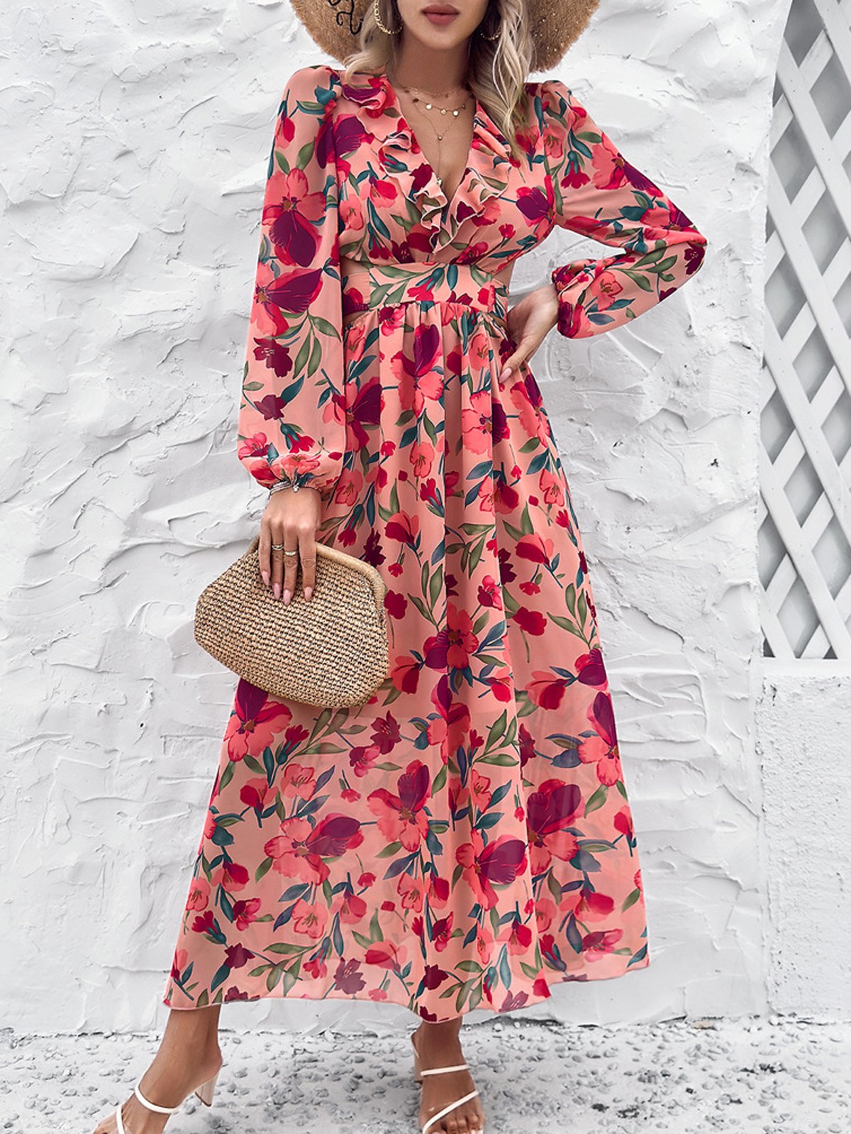 Femmes Floral Rose Col V Confortable Robe Maxi Boho