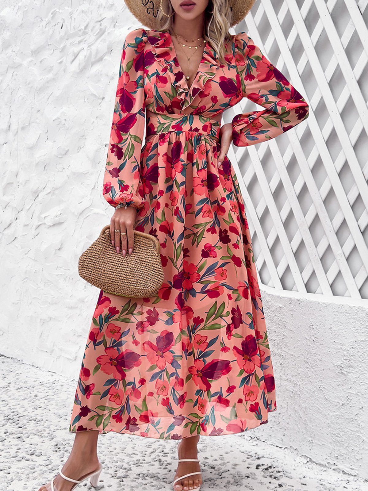 Femmes Floral Rose Col V Confortable Robe Maxi Boho
