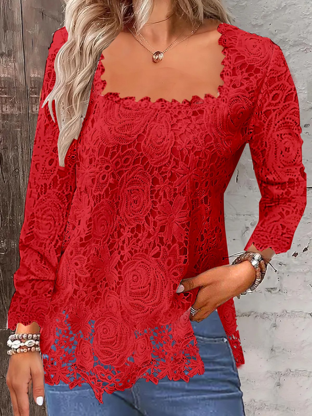 Chemises Femmes Décontracté Plain Printemps / Automne Polyester Col Carré Aucune élasticité Dentelle Manches Longues Régulier