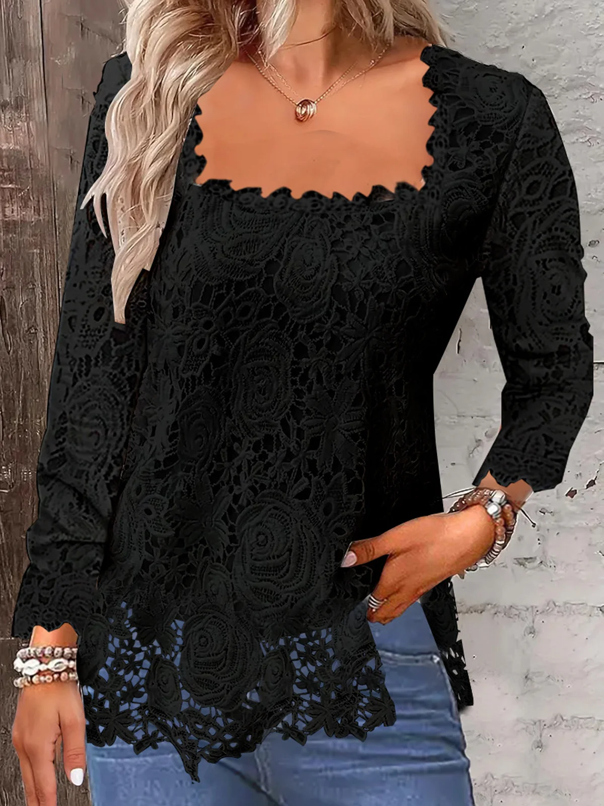 Chemises Femmes Décontracté Plain Printemps / Automne Polyester Col Carré Aucune élasticité Dentelle Manches Longues Régulier