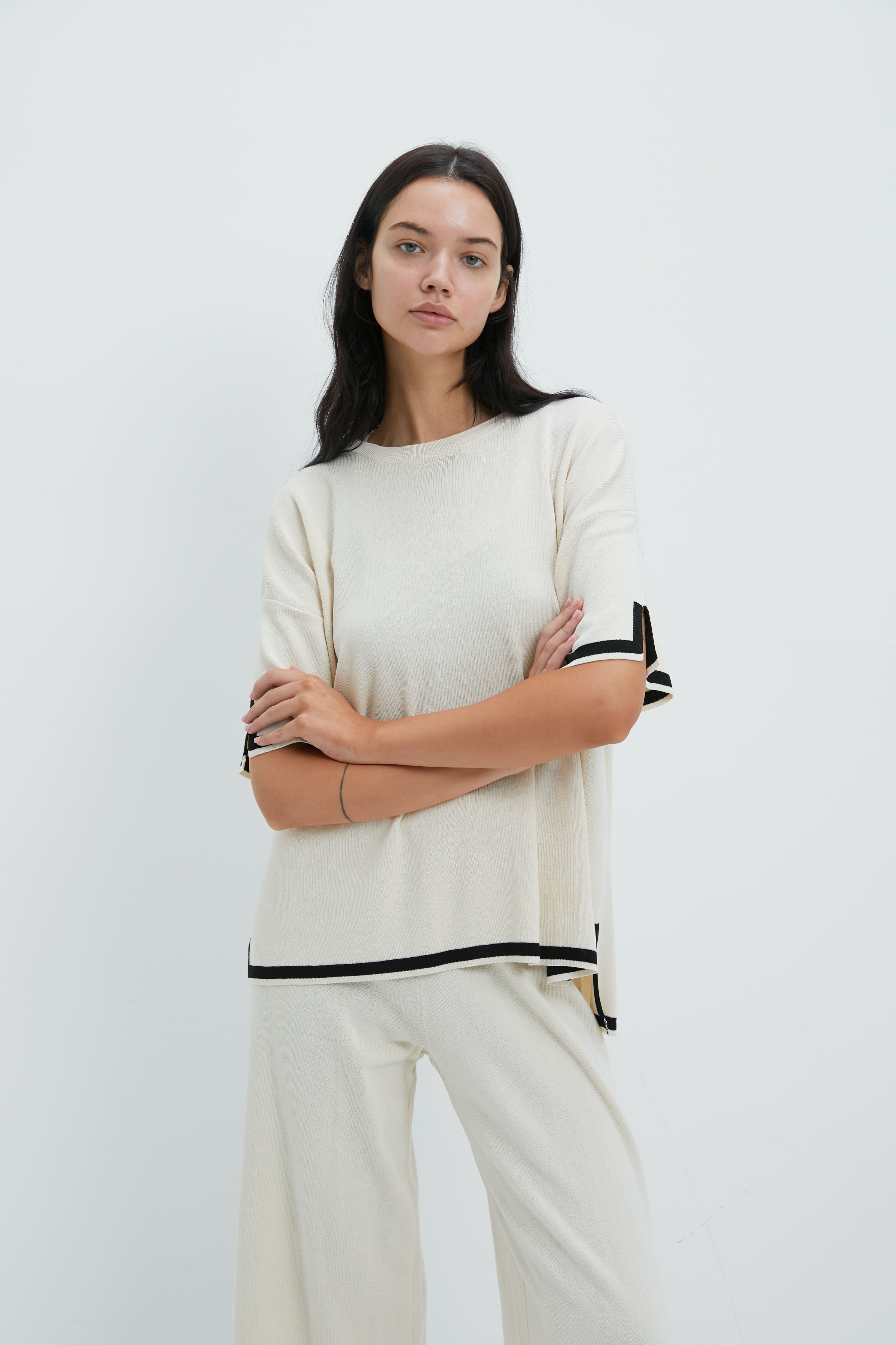 Deux Pièces Ensembles Décontracté Bloc de Couleur Été Naturel Micro-élasticité Ample Manches Courtes Top Avec Pantalons Régulier pour Femmes