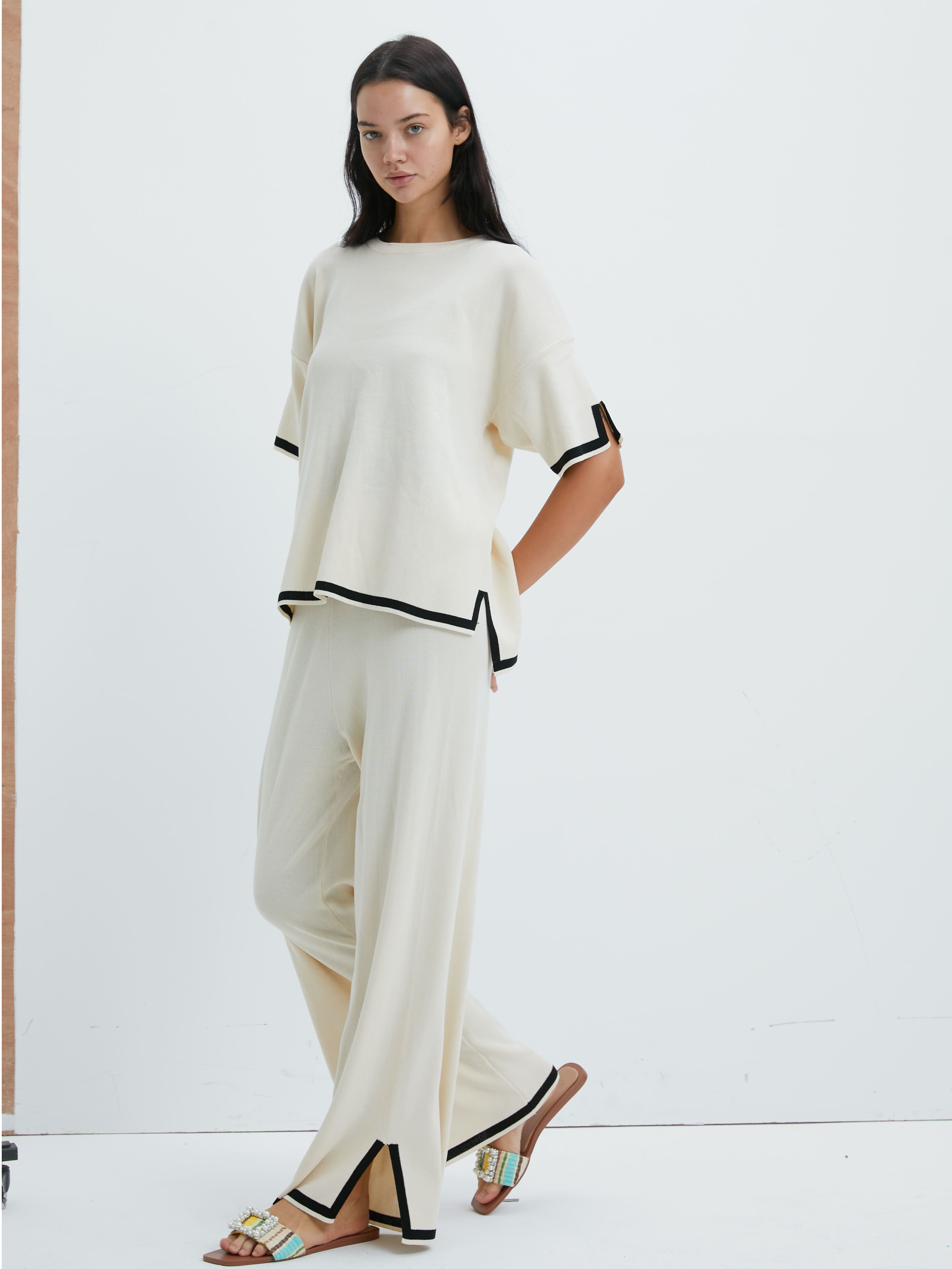 Deux Pièces Ensembles Décontracté Bloc de Couleur Été Naturel Micro-élasticité Ample Manches Courtes Top Avec Pantalons Régulier pour Femmes