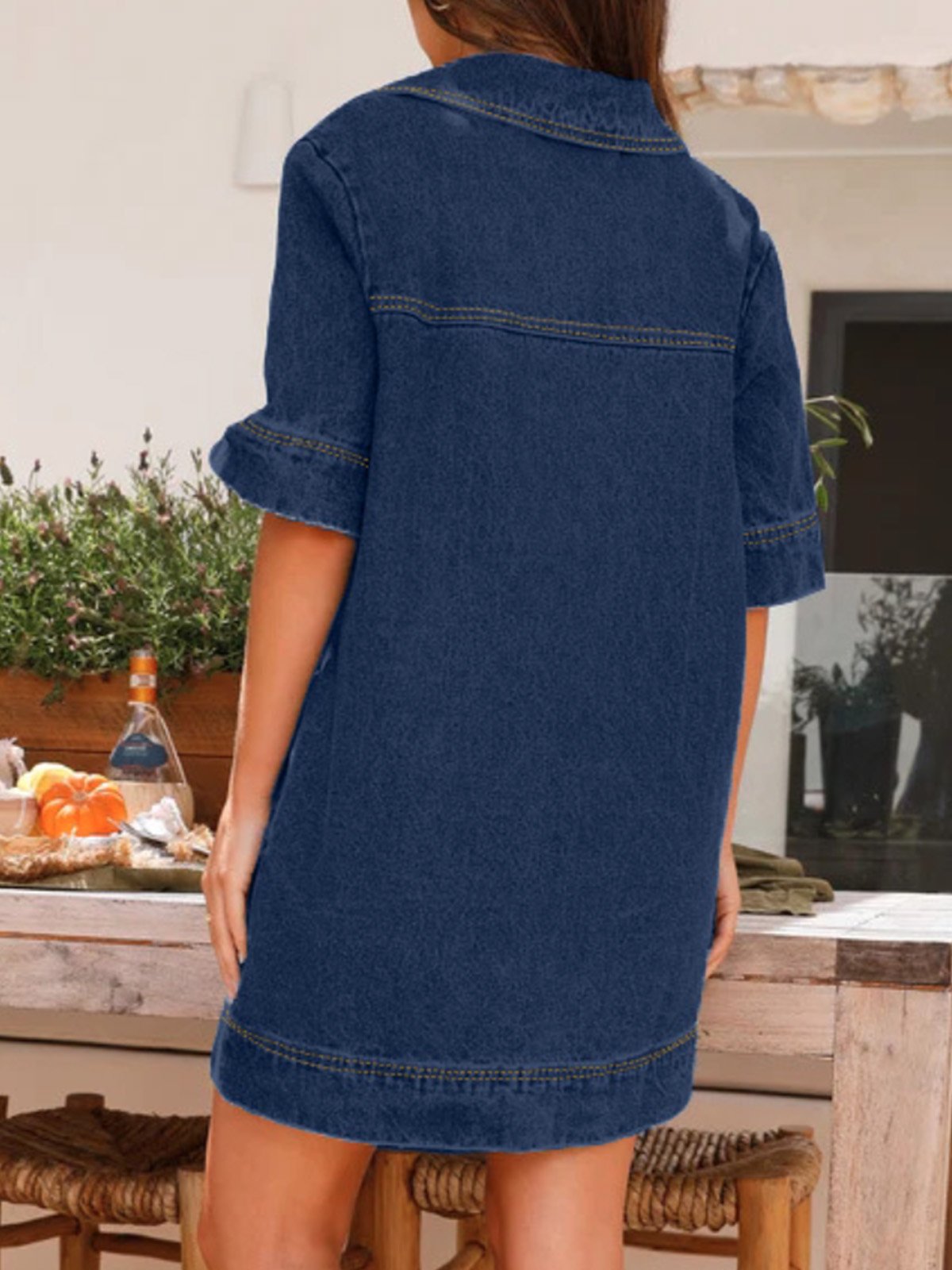 Femmes Plain Bleu Foncé Col V Confortable Court Robe Décontracté