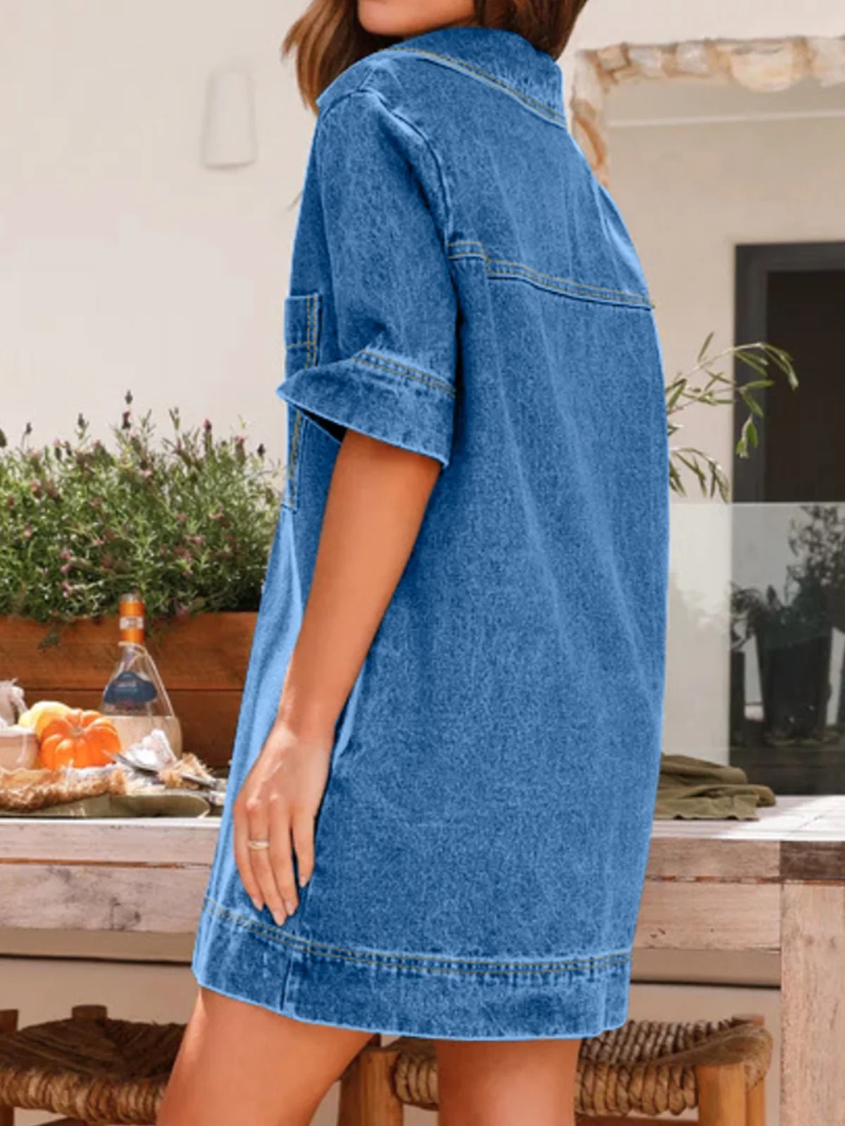 Femmes Plain Bleu Foncé Col V Confortable Court Robe Décontracté