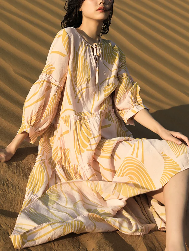 Femmes Ethnique Jaune Col Rond Confortable Robe Maxi Décontracté