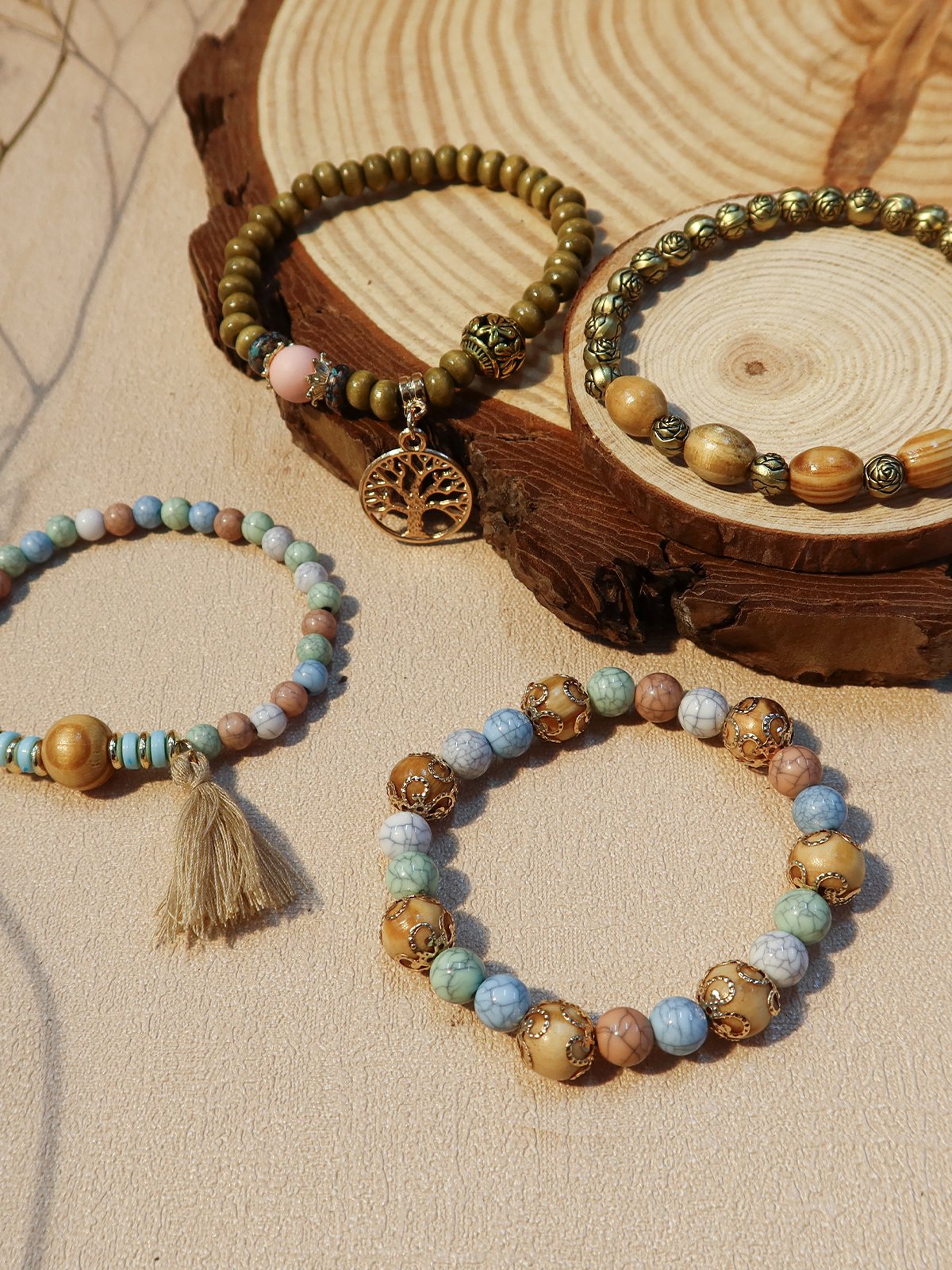 Bracelets Bloc de Couleur Boho Toutes Les Saisons Vacances multicouche Bracelet en Bois en Bois pour Femmes