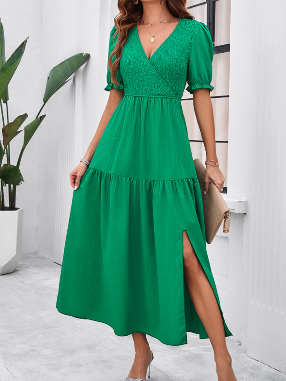 Femmes Plain Vert Col V Confortable Robe Maxi Décontracté