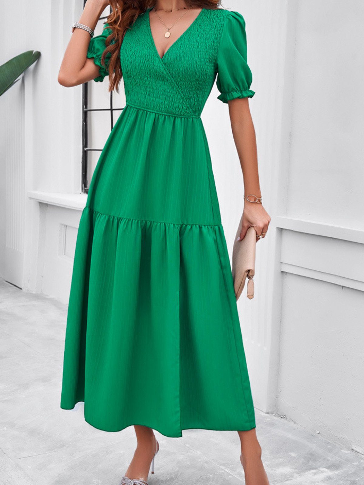Femmes Plain Vert Col V Confortable Robe Maxi Décontracté