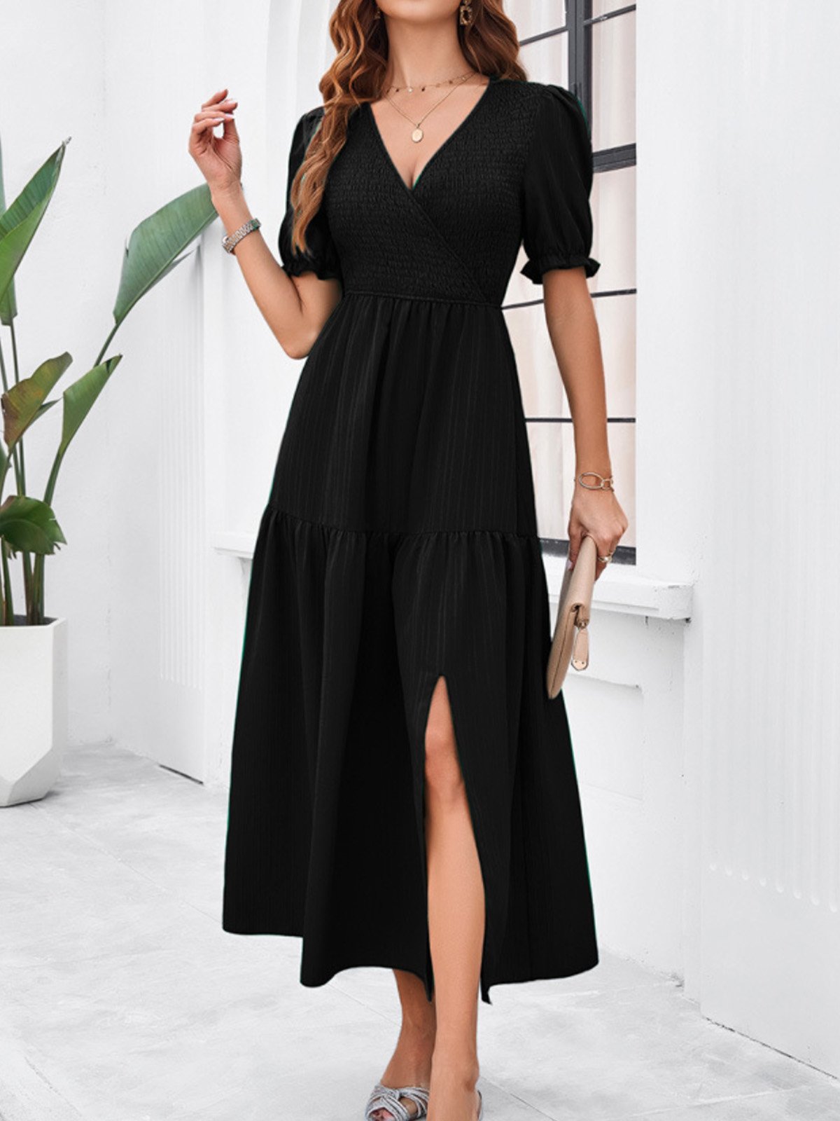 Femmes Plain Vert Col V Confortable Robe Maxi Décontracté