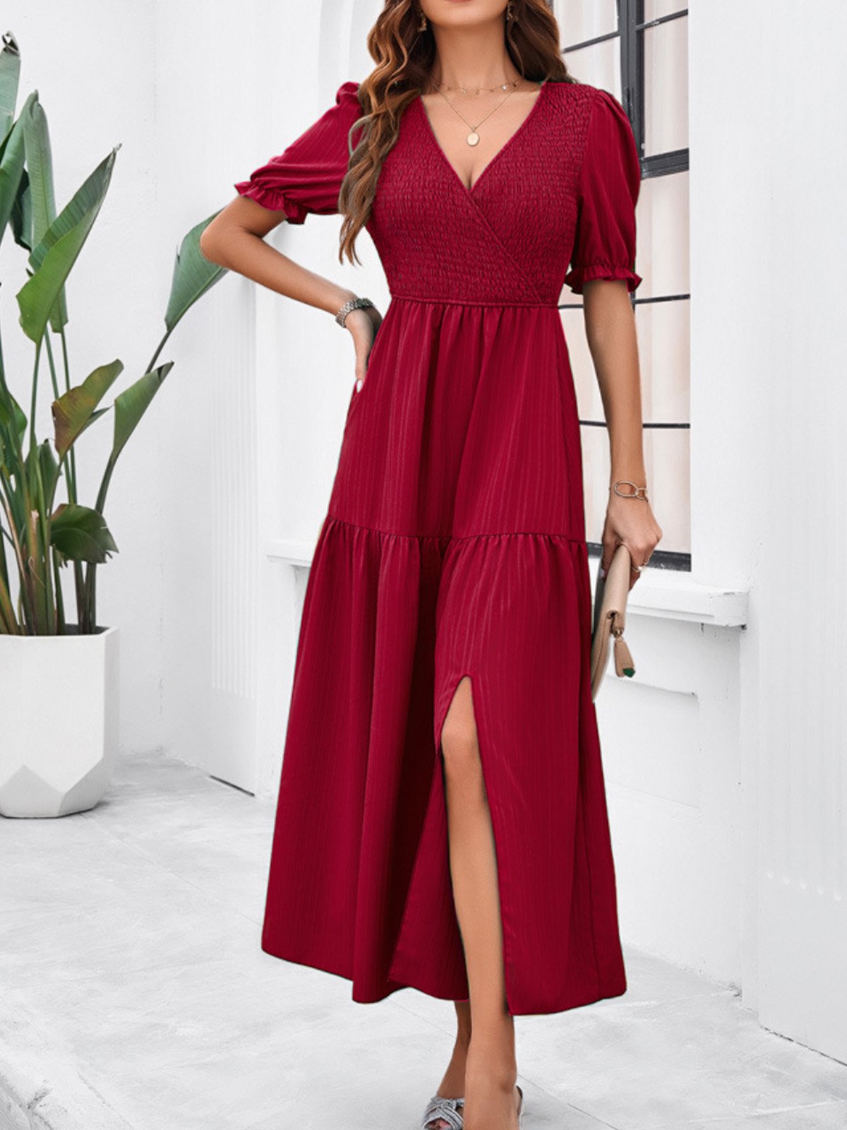 Femmes Plain Vert Col V Confortable Robe Maxi Décontracté
