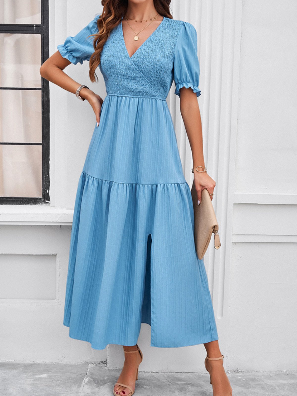 Femmes Plain Vert Col V Confortable Robe Maxi Décontracté