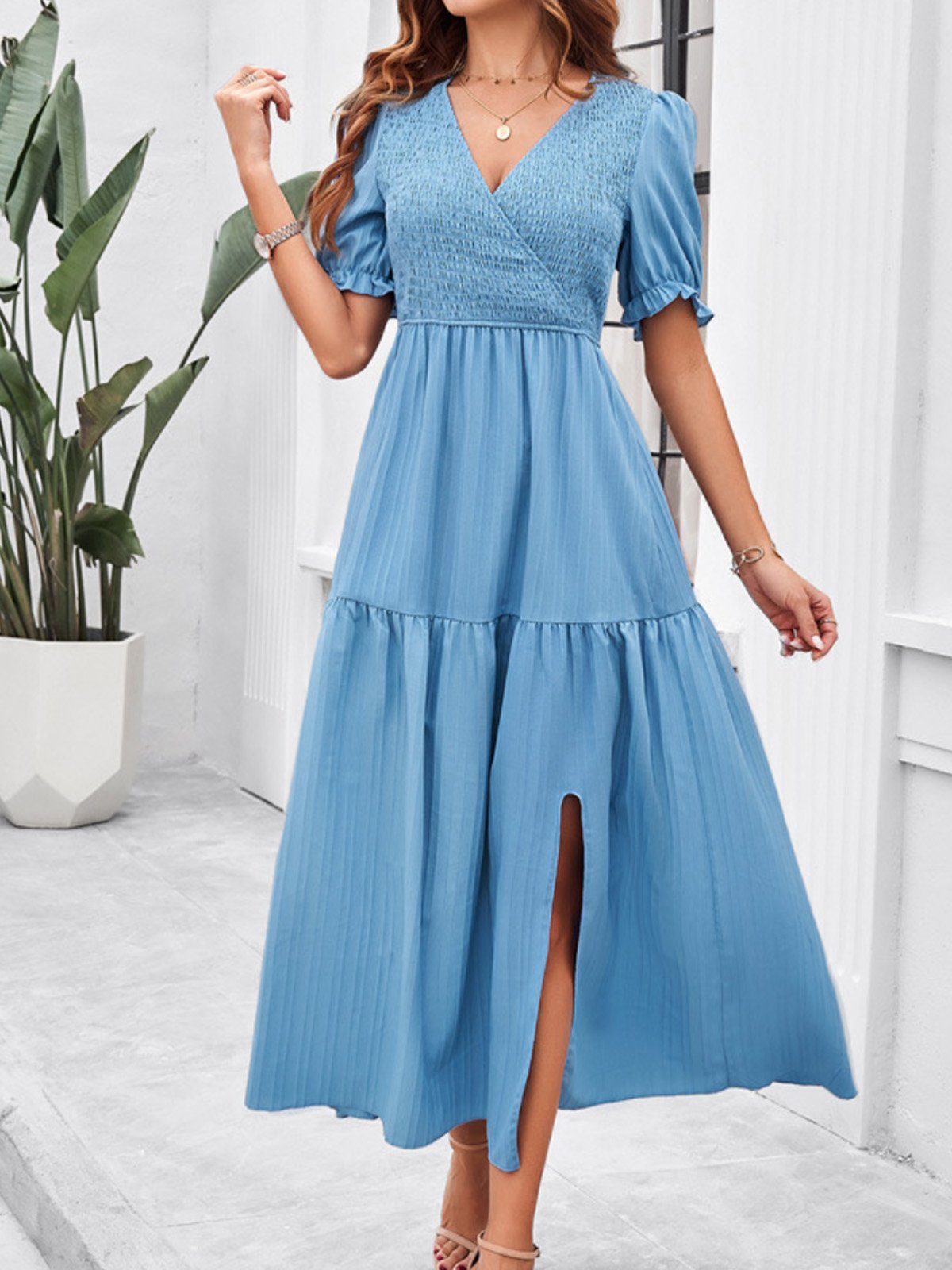 Femmes Plain Vert Col V Confortable Robe Maxi Décontracté