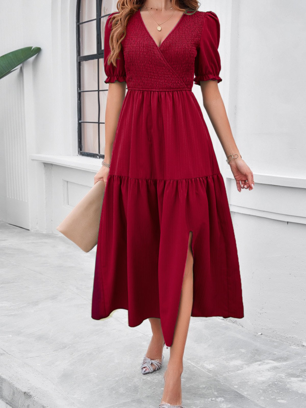 Femmes Plain Vert Col V Confortable Robe Maxi Décontracté
