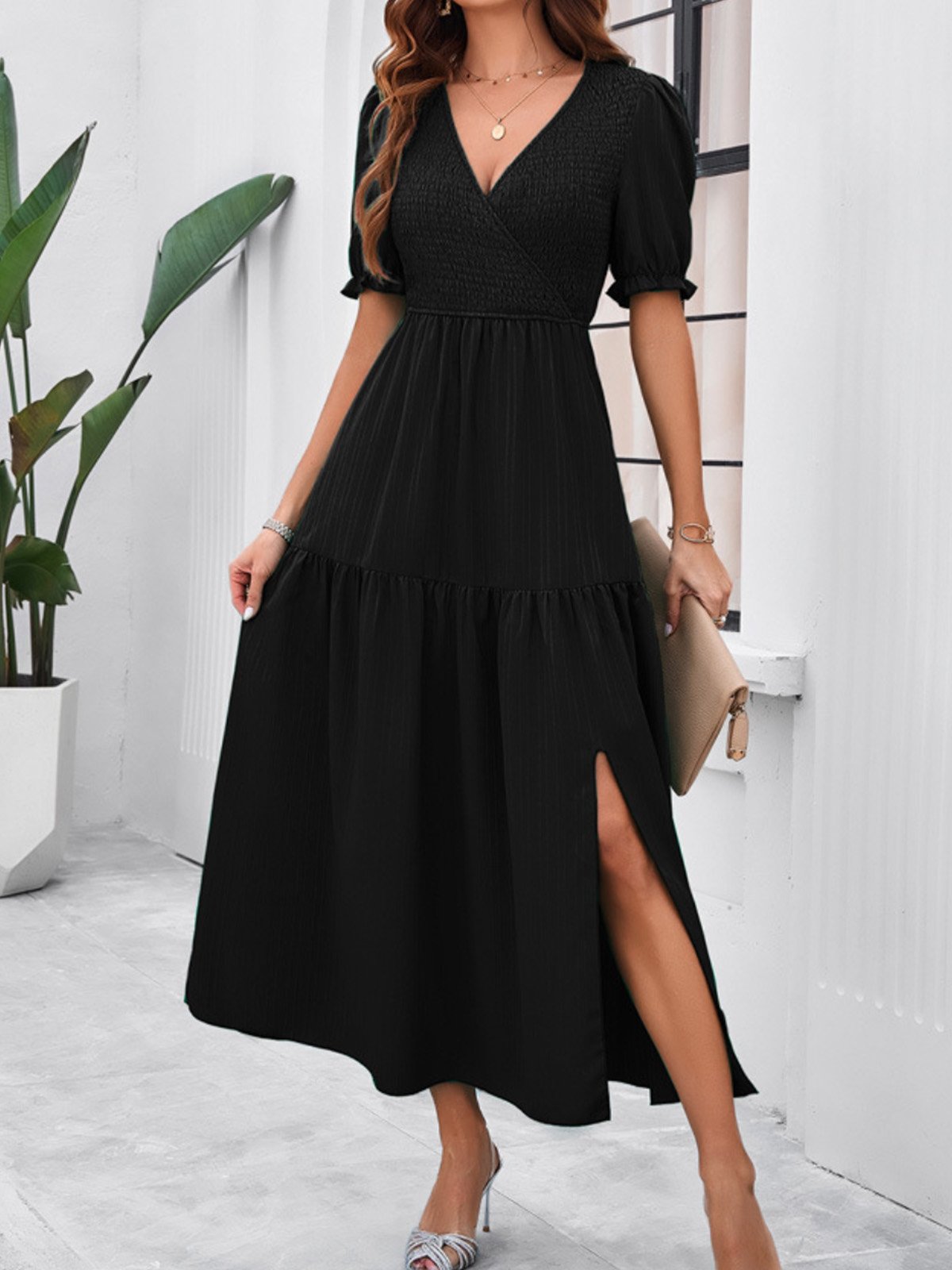 Femmes Plain Vert Col V Confortable Robe Maxi Décontracté