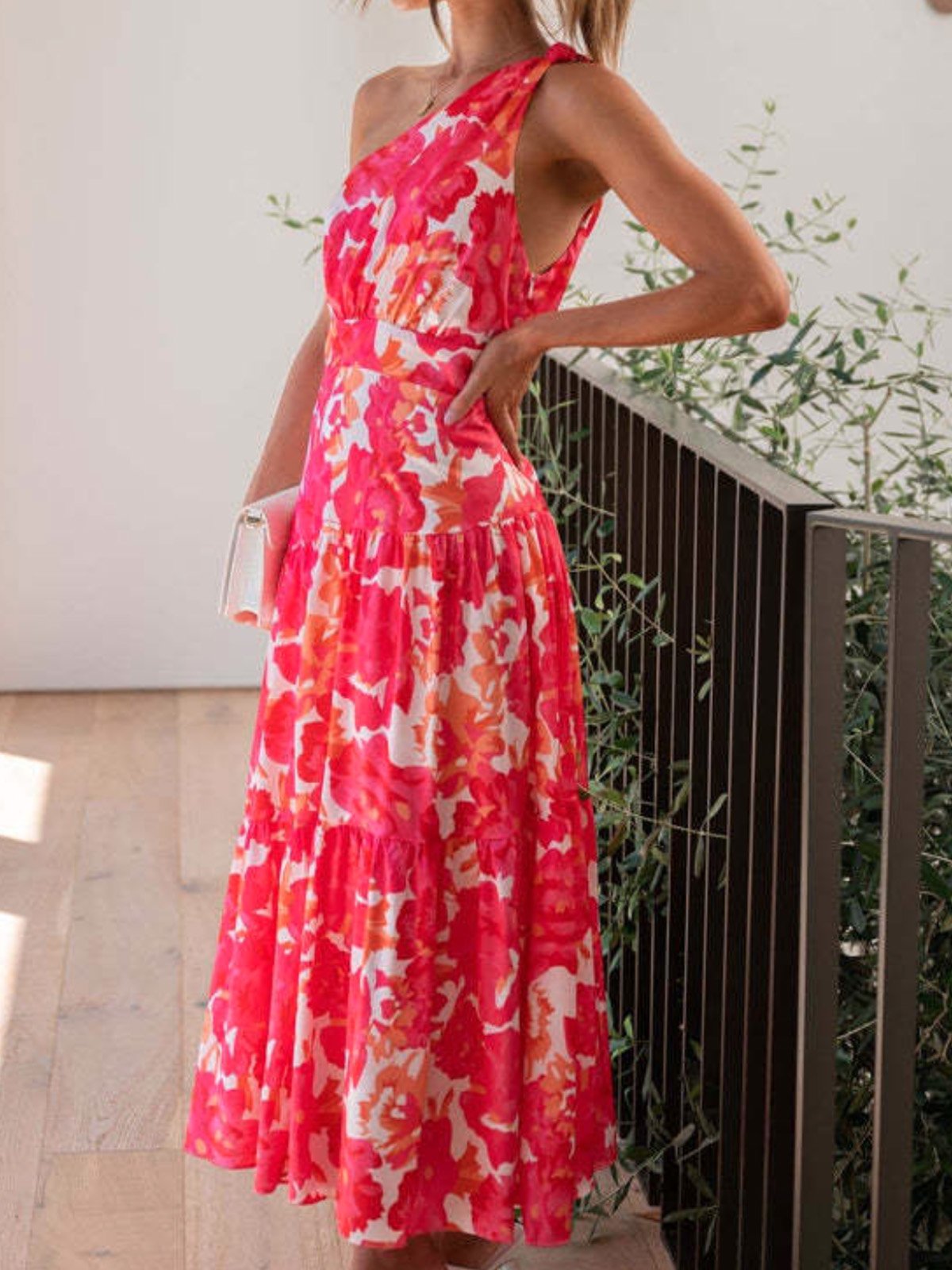 Femmes Floral Rouge Confortable Robe Maxi Décontracté