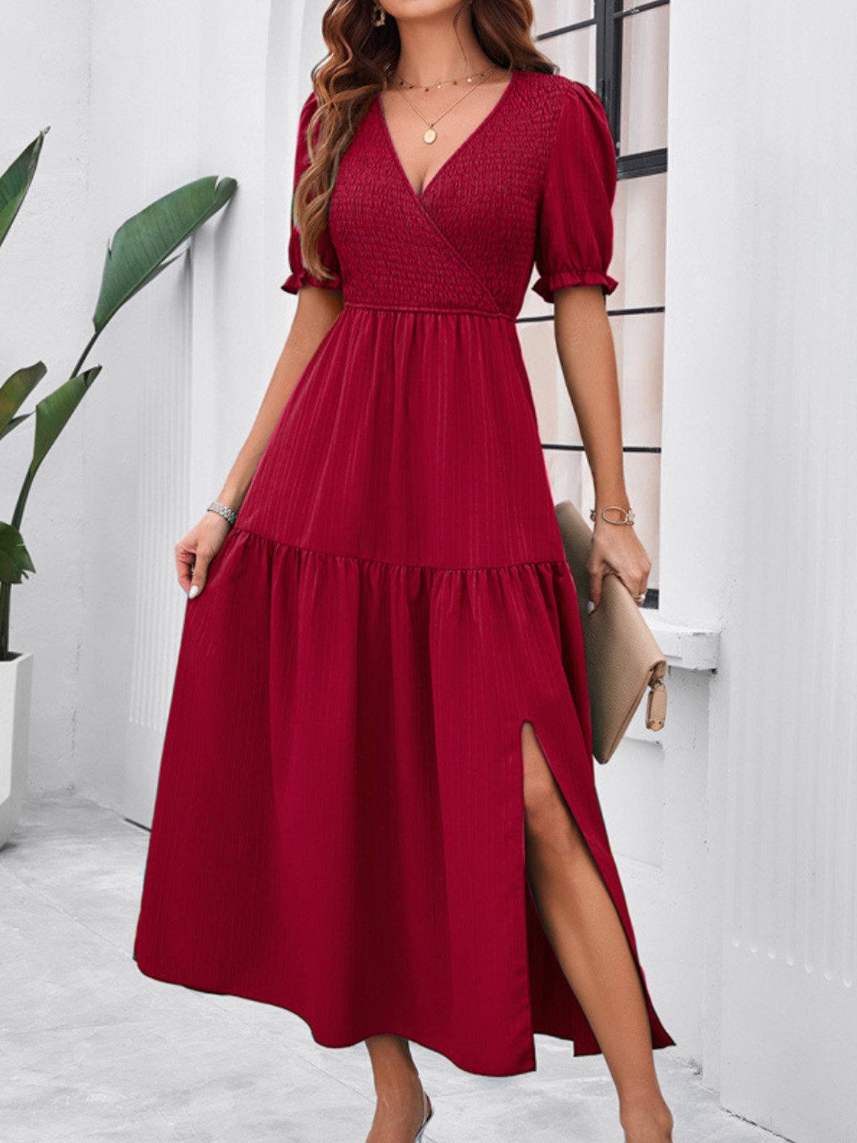 Femmes Plain Vert Col V Confortable Robe Maxi Décontracté