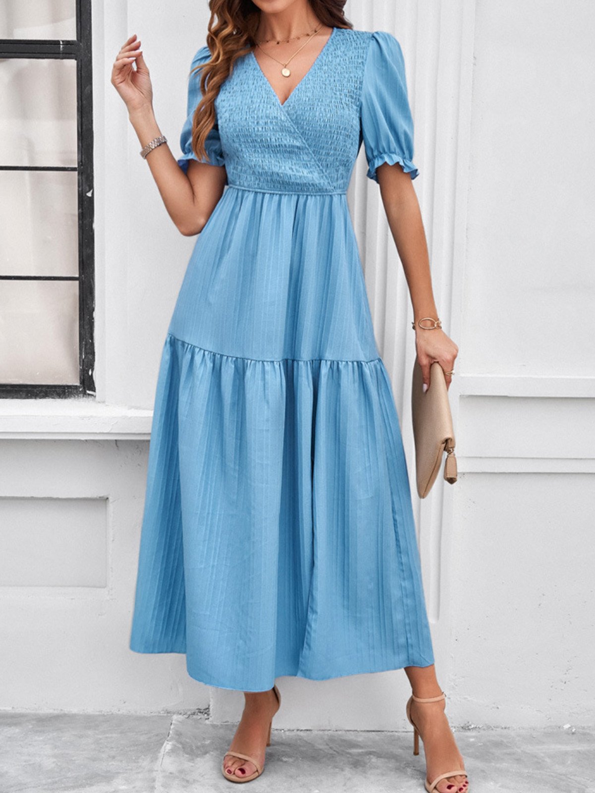 Femmes Plain Vert Col V Confortable Robe Maxi Décontracté