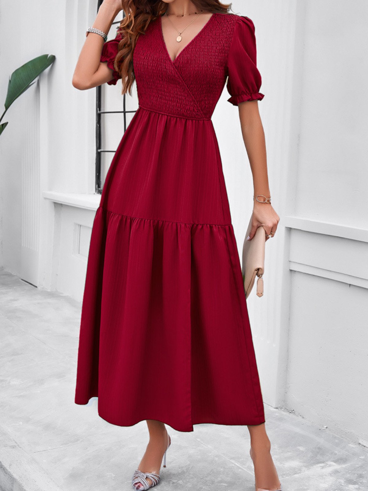 Femmes Plain Vert Col V Confortable Robe Maxi Décontracté