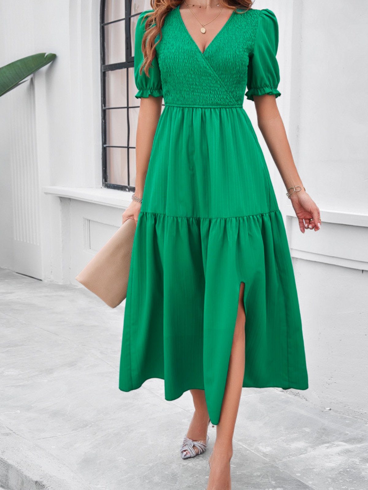 Femmes Plain Vert Col V Confortable Robe Maxi Décontracté