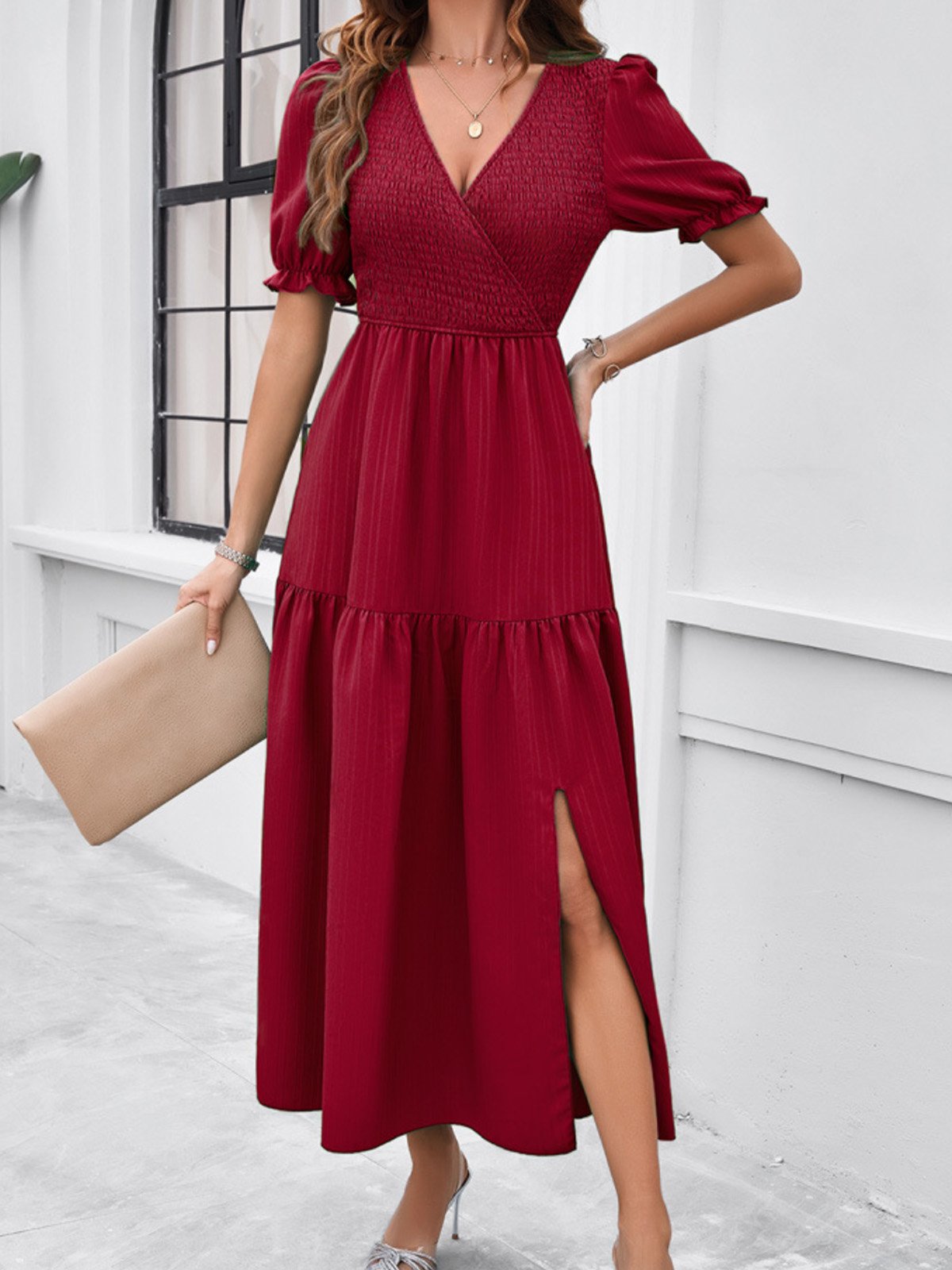 Femmes Plain Vert Col V Confortable Robe Maxi Décontracté