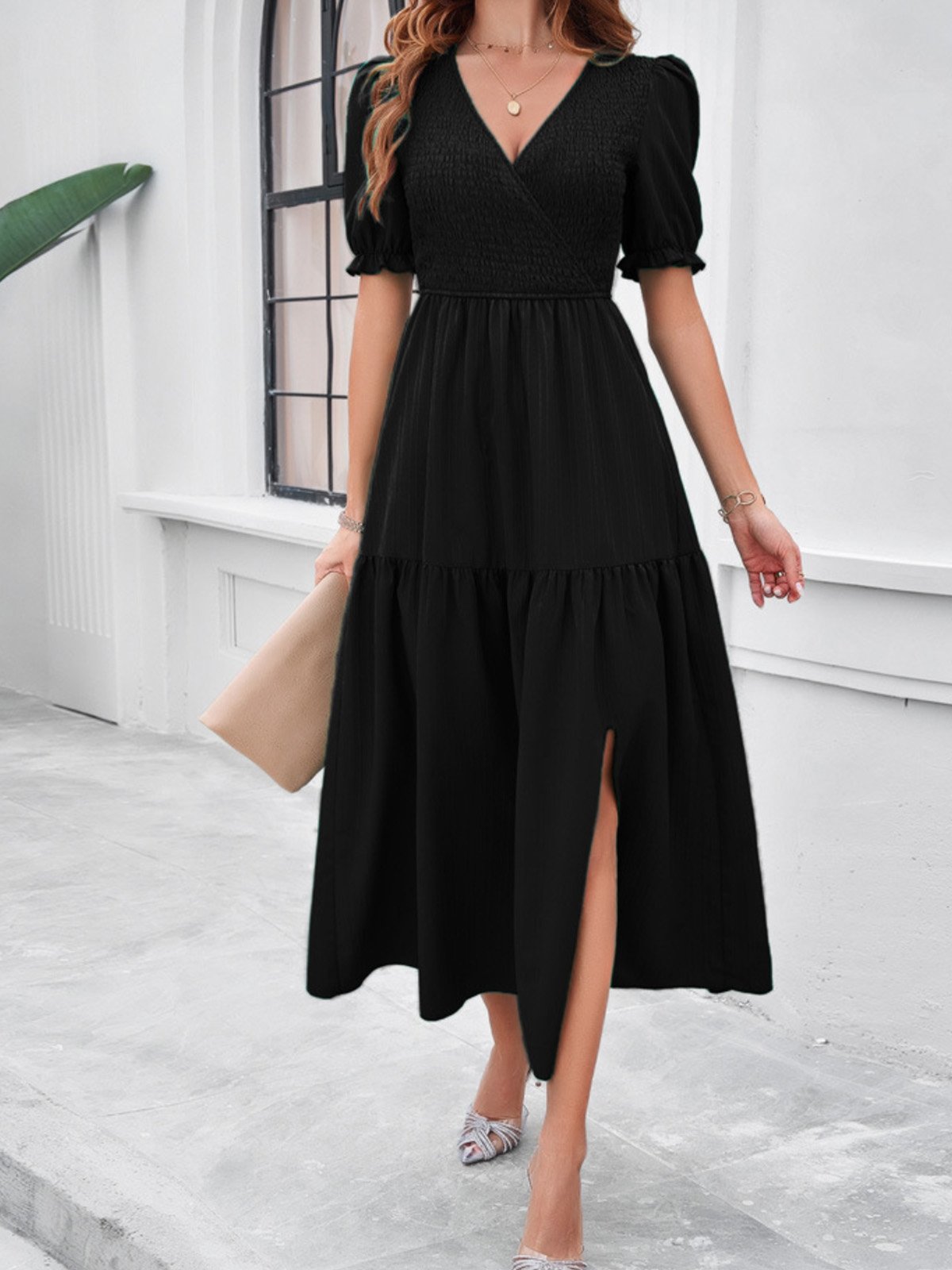 Femmes Plain Vert Col V Confortable Robe Maxi Décontracté
