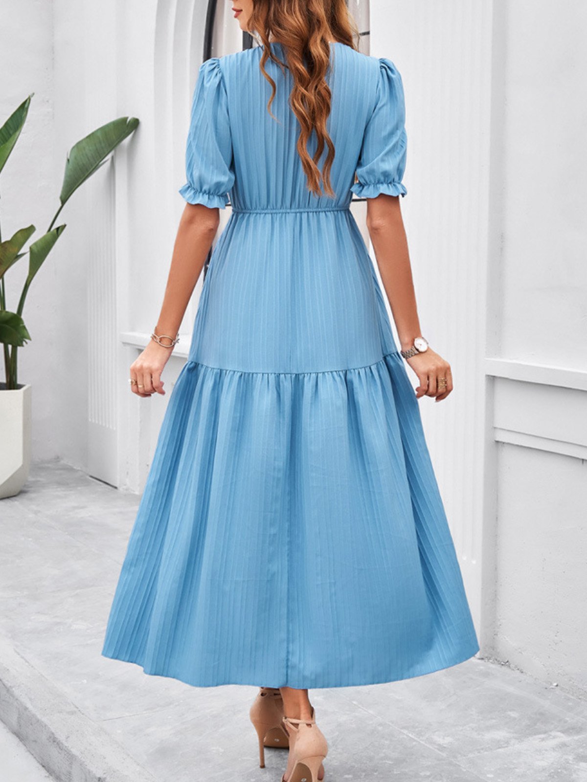 Femmes Plain Vert Col V Confortable Robe Maxi Décontracté