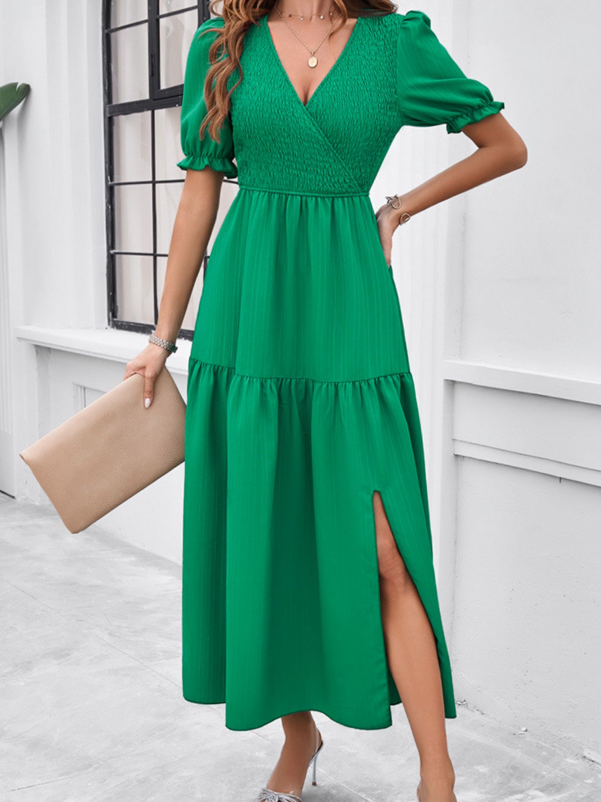 Femmes Plain Vert Col V Confortable Robe Maxi Décontracté