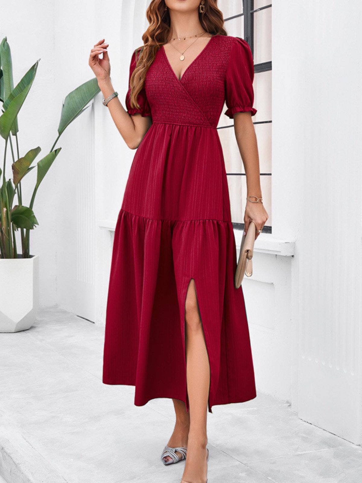 Femmes Plain Vert Col V Confortable Robe Maxi Décontracté