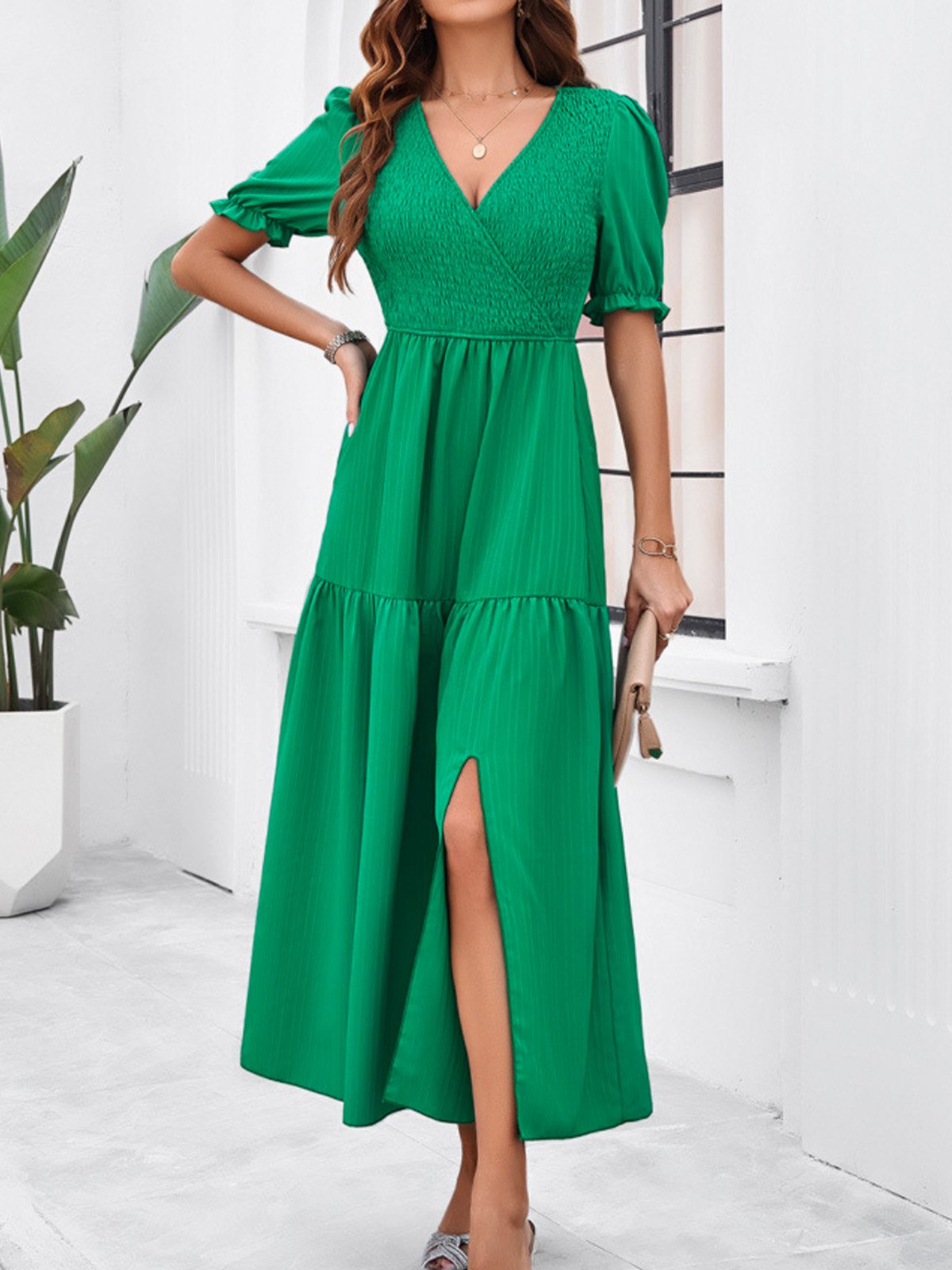 Femmes Plain Vert Col V Confortable Robe Maxi Décontracté