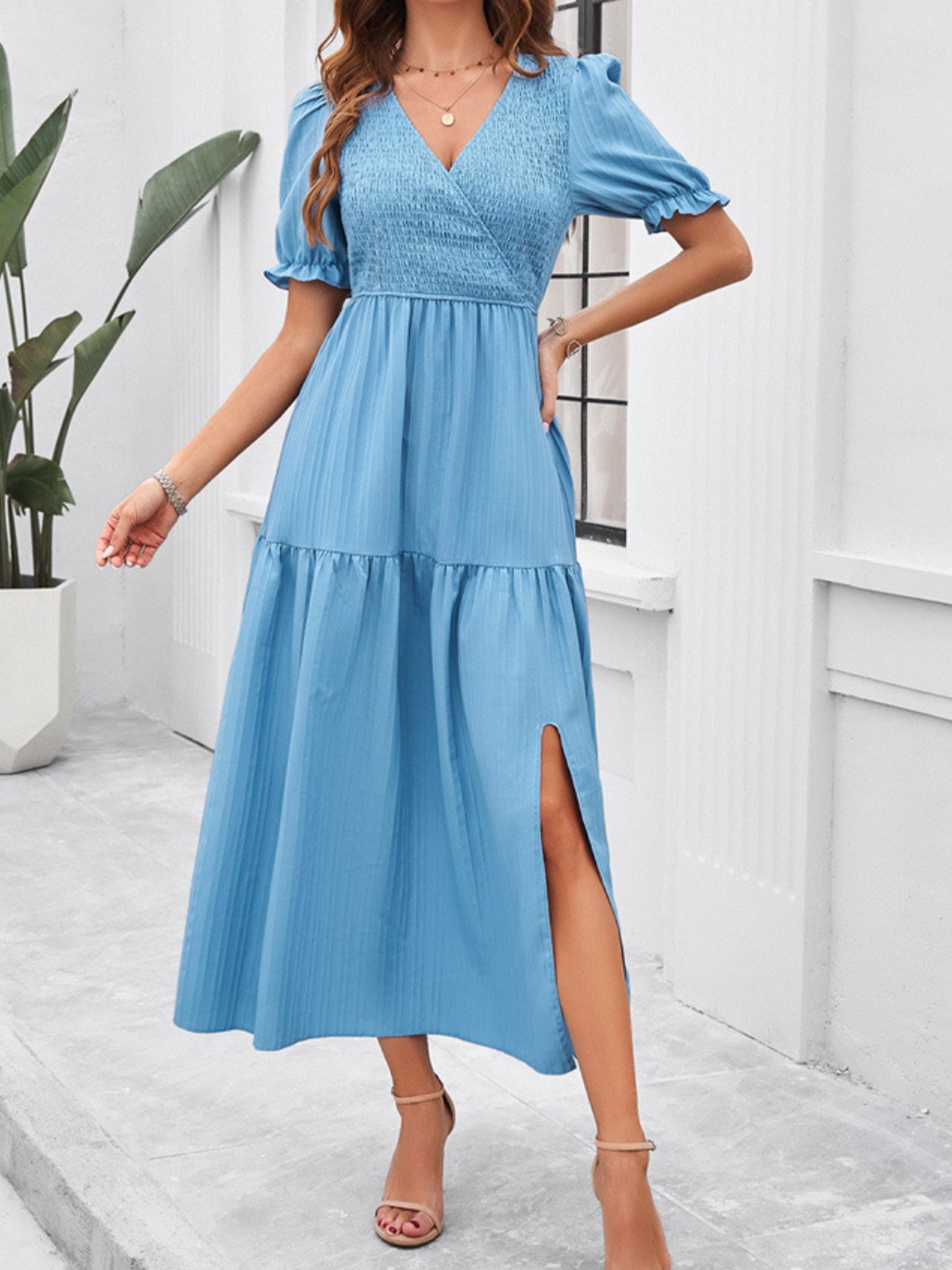 Femmes Plain Vert Col V Confortable Robe Maxi Décontracté