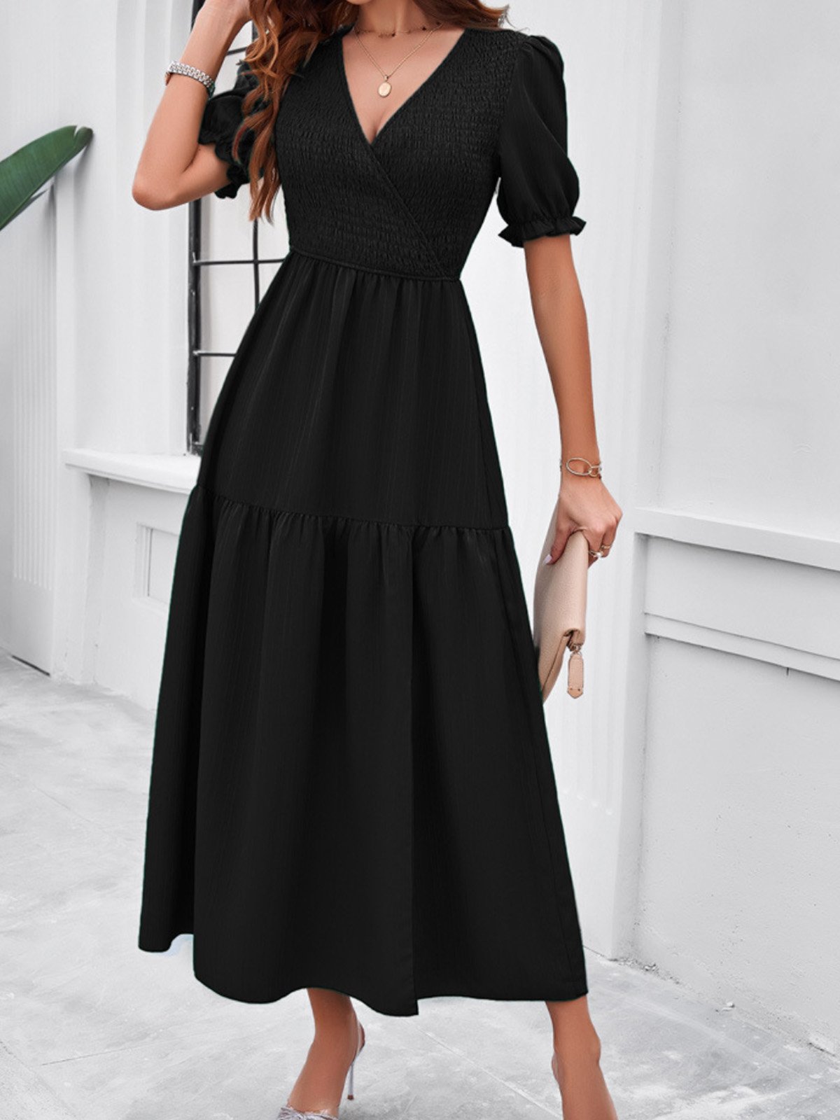 Femmes Plain Vert Col V Confortable Robe Maxi Décontracté