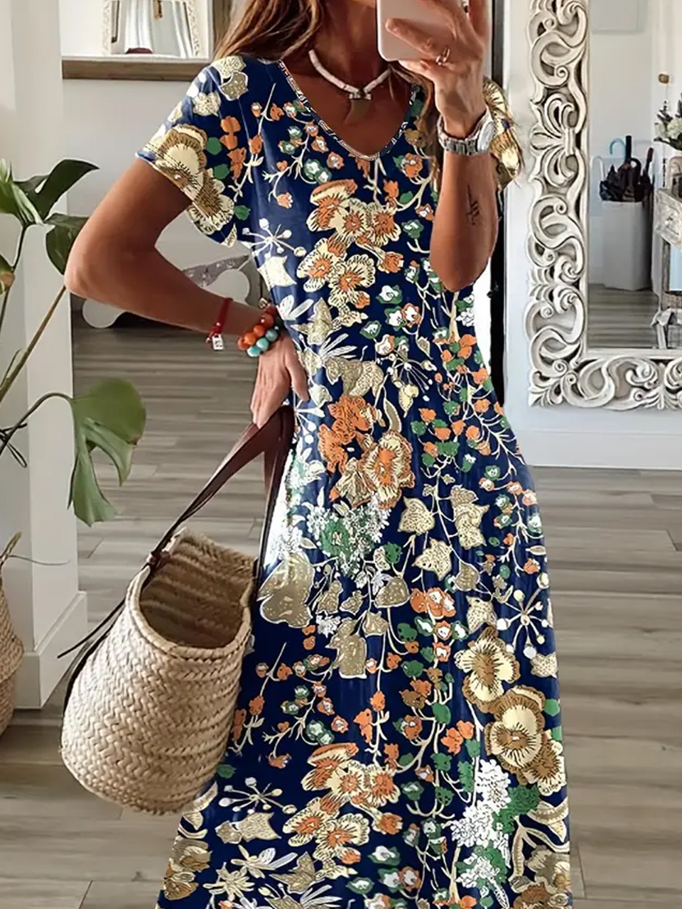 Femmes Floral Bleu Col V Confortable Robe Maxi Décontracté