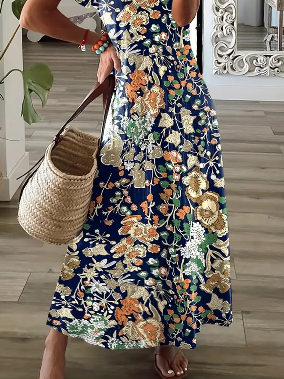 Femmes Floral Bleu Col V Confortable Robe Maxi Décontracté
