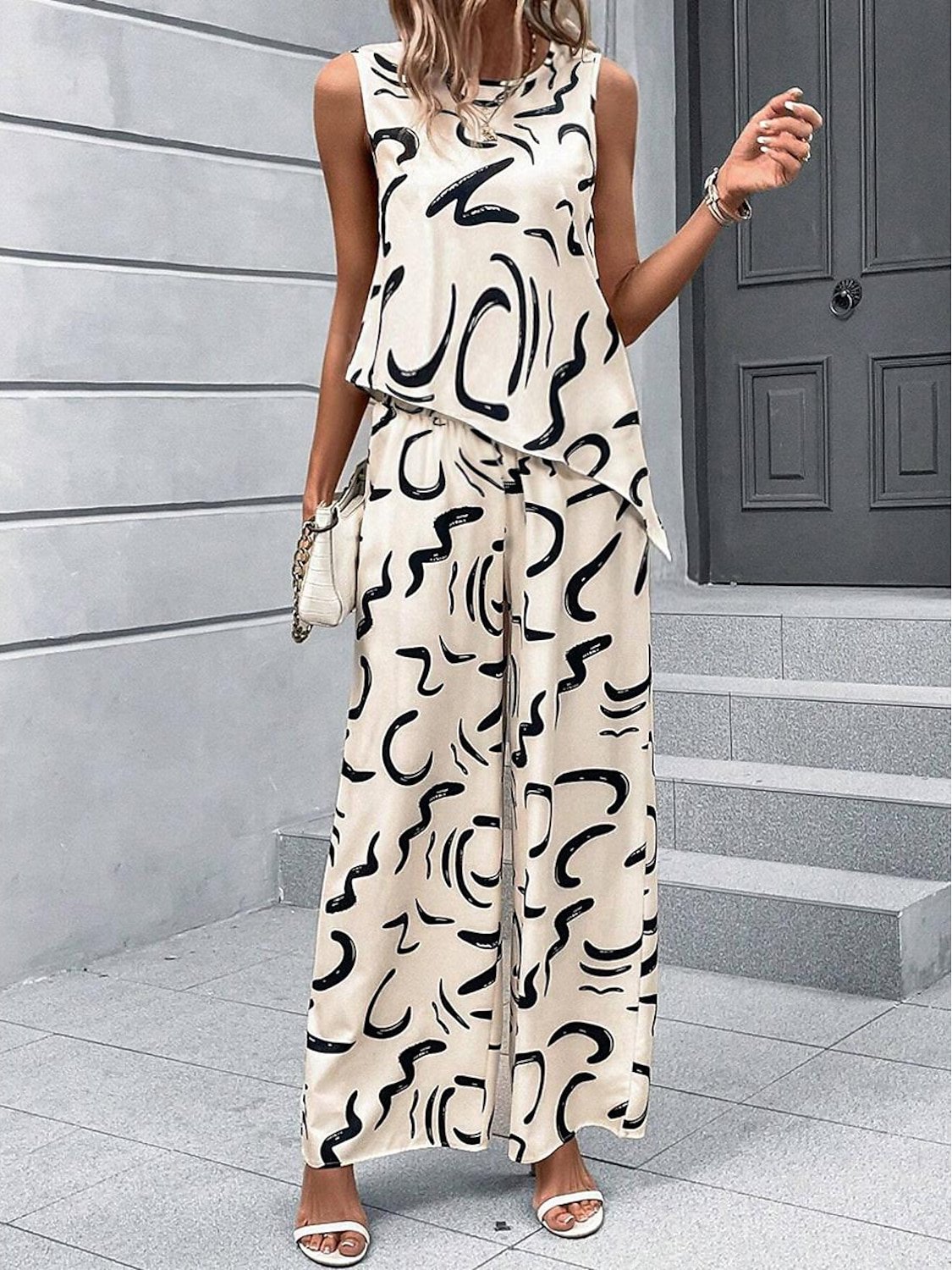 Deux Pièces Ensembles Femmes Été Simple Abstrait Graphique Polyester Quotidien Sans Manches Col Rond Top Avec Pantalons Droit