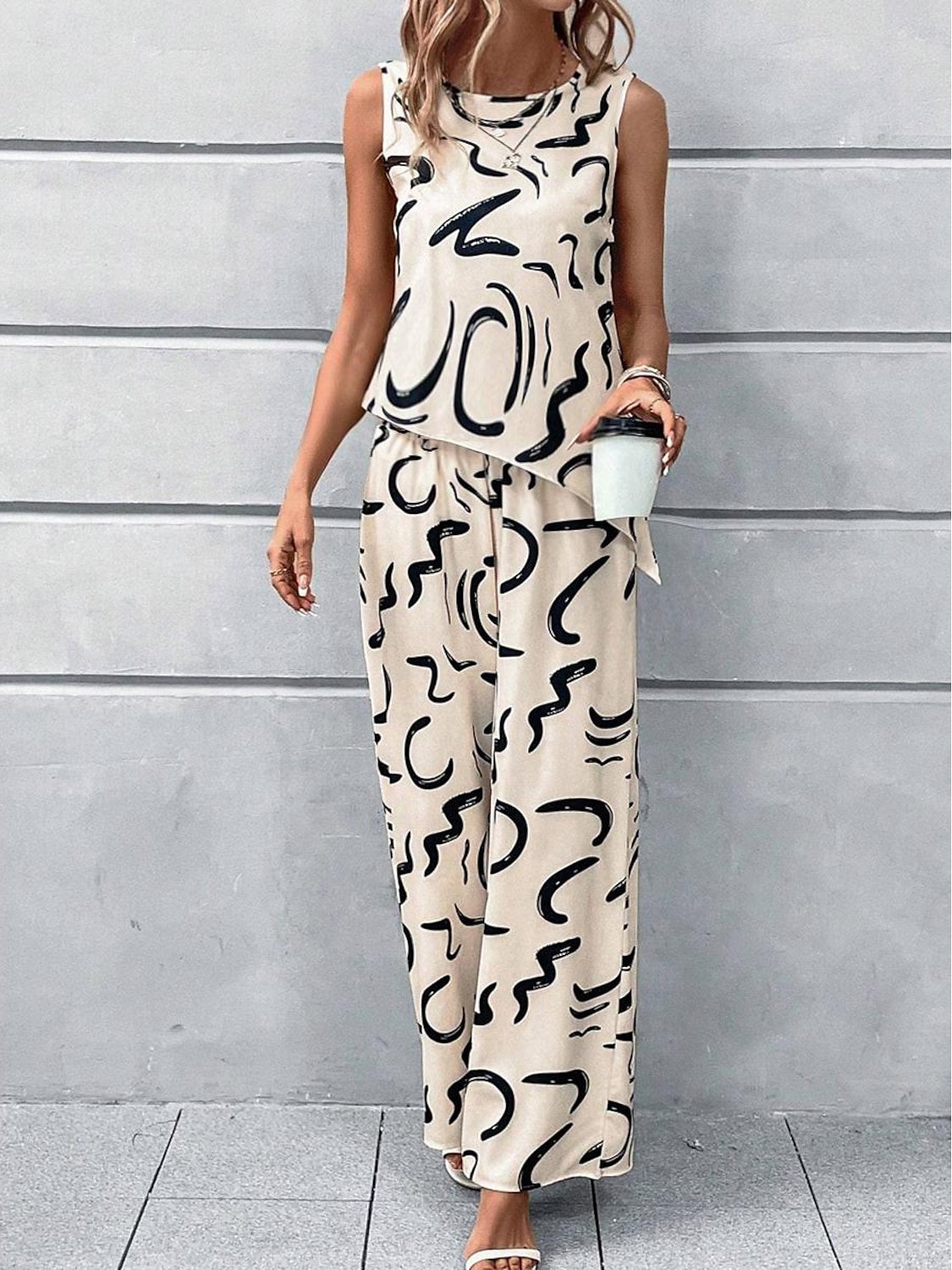 Deux Pièces Ensembles Femmes Été Simple Abstrait Graphique Polyester Quotidien Sans Manches Col Rond Top Avec Pantalons Droit